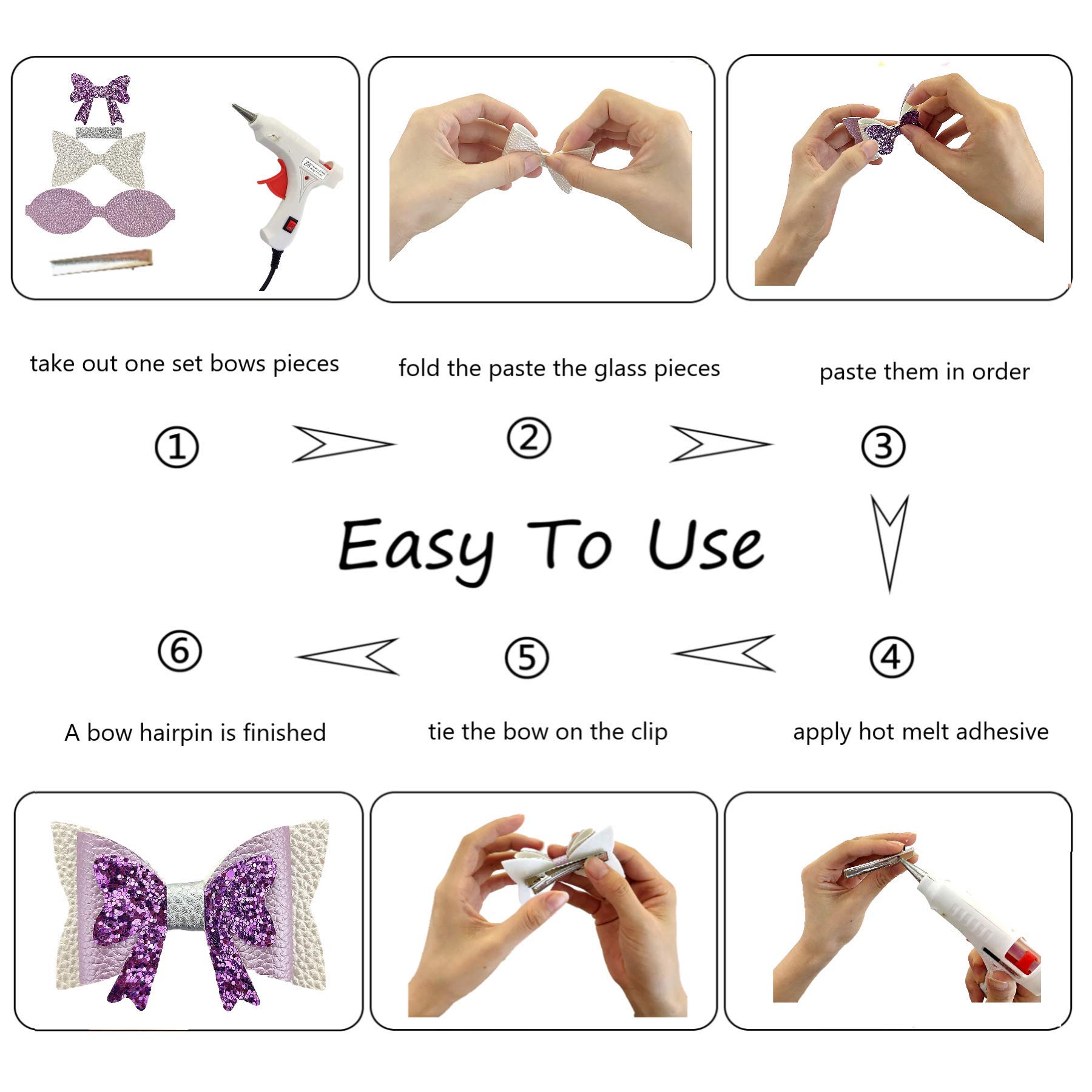 AOUXSEEM 20-Piece DIY Faux Leather Hair Bow Making Kit with Pre-Cut Pieces & Hair Clips - Fashionable Shiny Hair Accessories for Girls, Women & Ladies (Cute Styles) - Perfect for Parties, Weddings, Gifts & Daily Hair Styling