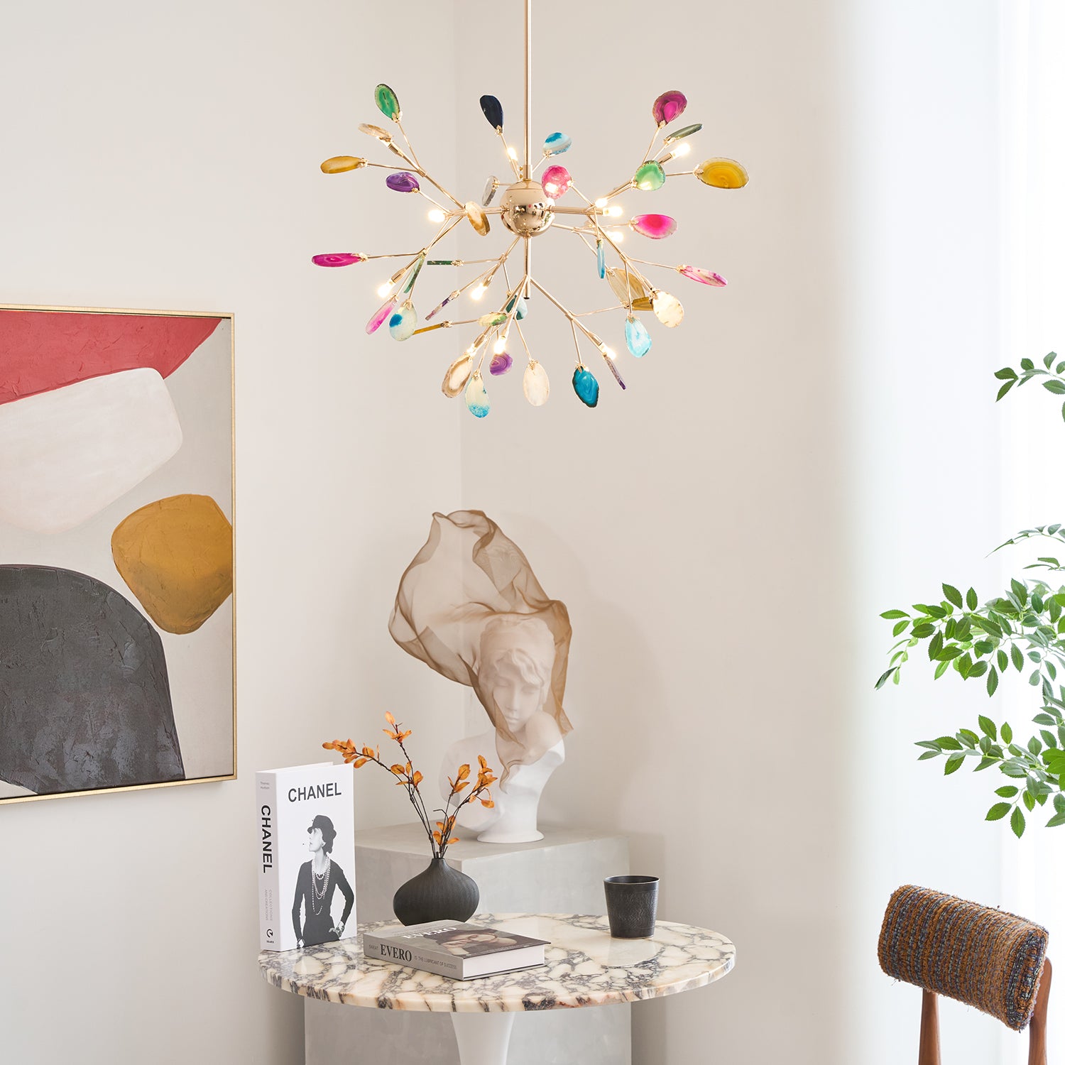 Agate Flake Chandelier - Elegant Natural Stone Crystal Ceiling Light Fixture for Dining Room, Living Room, Bedroom Decor | Modern Luxury Home Lighting