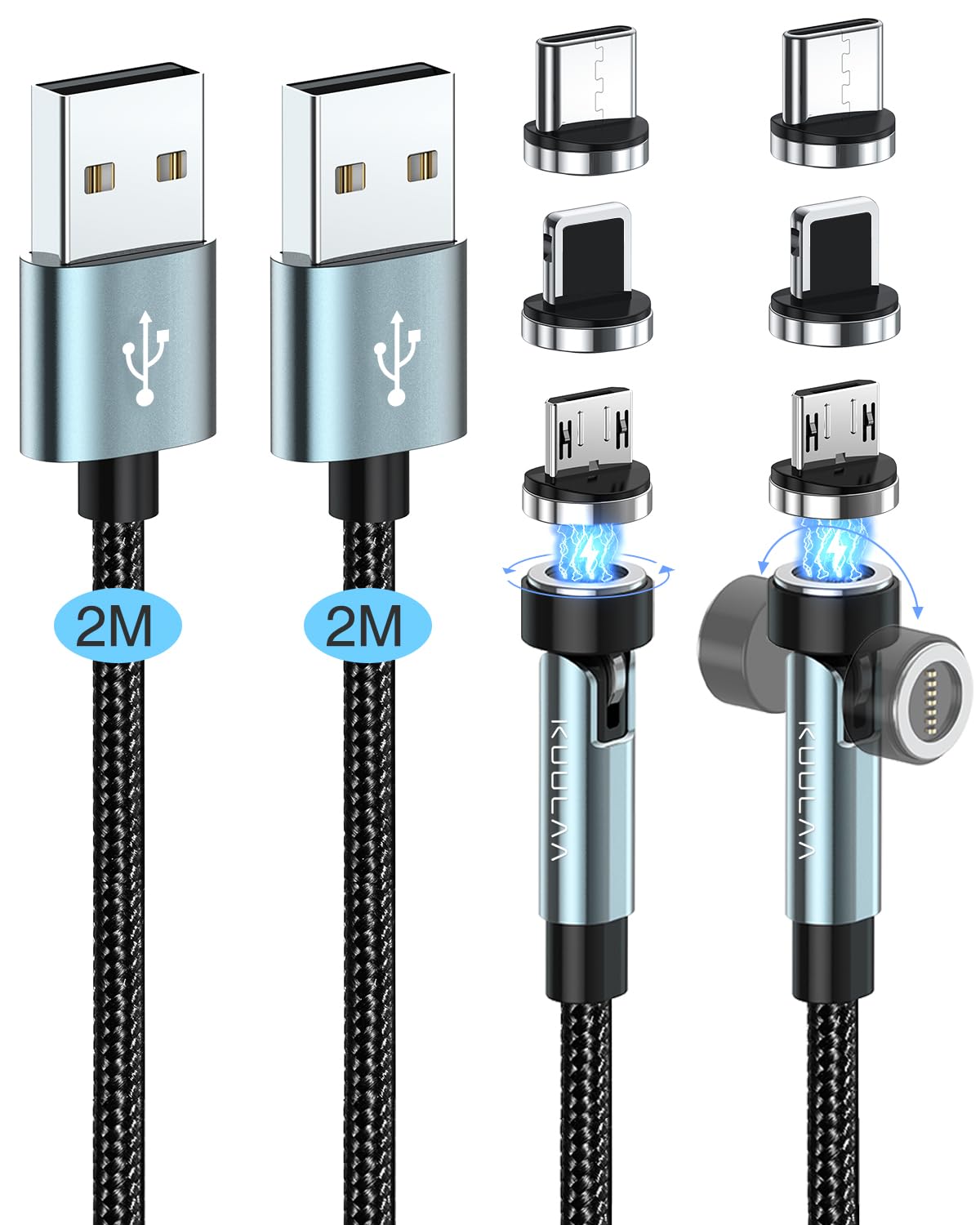 Kuulaa Magnetic Charging Cable 2-Pack 6FT - 540° Rotating 3-in-1 Magnetic Phone Charger with Nylon Braided Cords for Micro USB/Type C/Lightning Devices - Perfect for Home, Office & Travel Charging
