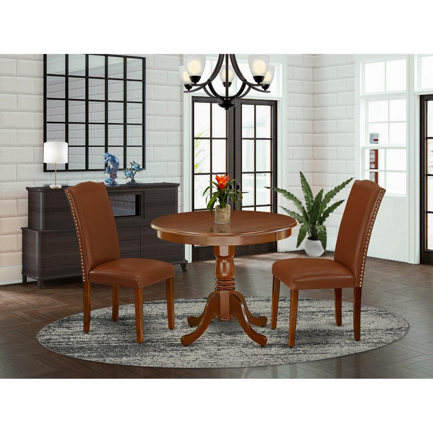 East West Furniture ANEN3-MAH-66 3-Piece Round Dining Table Set with Pedestal Base & 2 Brown Faux Leather Chairs - 36x36 Inch Mahogany Finish for Small Spaces, Breakfast Nooks & Cozy Apartments