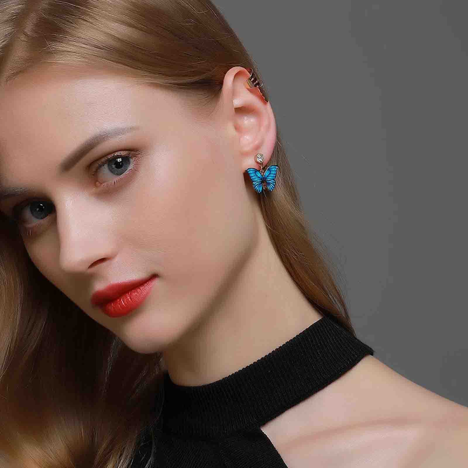 Bohemian Butterfly Cuff Chain Earrings - Gold Helix Cartilage Earrings with Blue Paved Butterfly & Tassel Design for Women | Perfect for Piercing, Parties & Boho Fashion Accessories