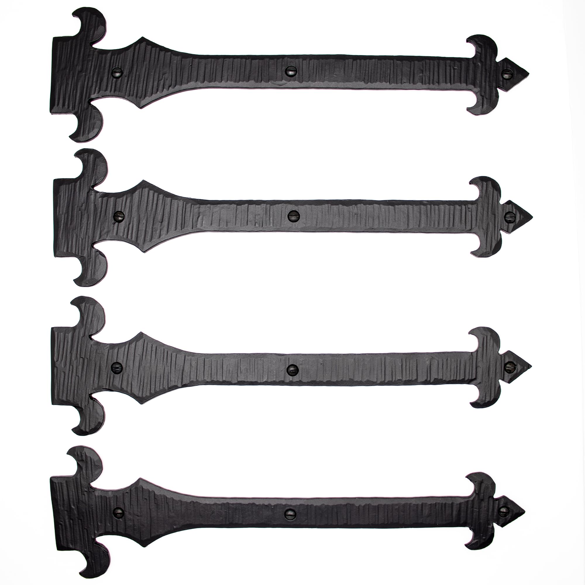 4 Pack 12 Inch Black Faux Strap Hinges - Decorative Dummy Hinges for Farmhouse Shutters, Barn Doors & Gates - Rustic Iron Door Hardware - Nouvelle Fleur De Lis Series - Perfect for Vintage Home Decor, DIY Projects and Castle Style Doors