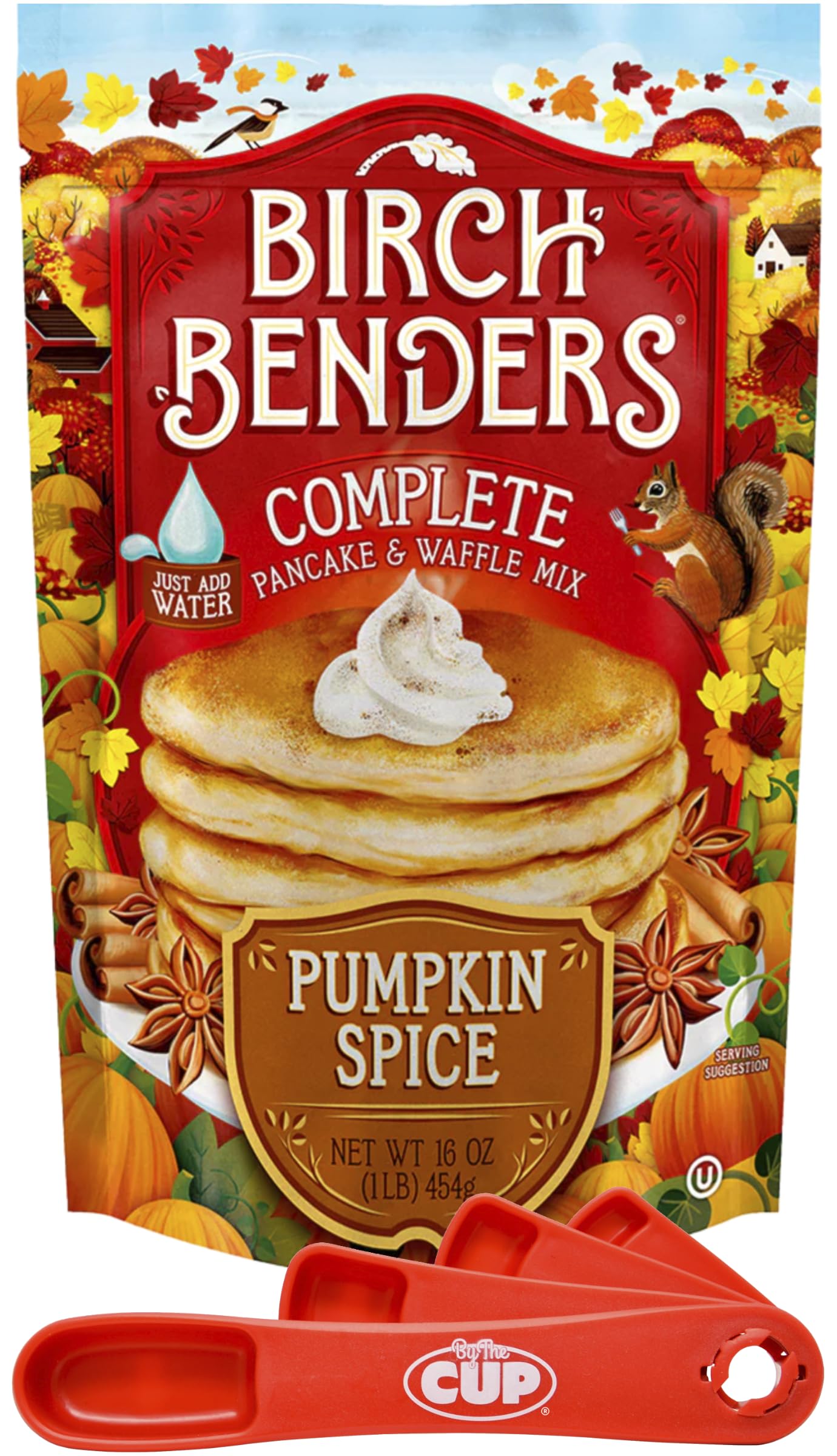 Birch Benders Pumpkin Spice Pancake & Waffle Mix - 16oz (1 Pack) with By The Cup Swivel Spoons | Easy Breakfast Solution for Fall Mornings & Holiday Brunches
