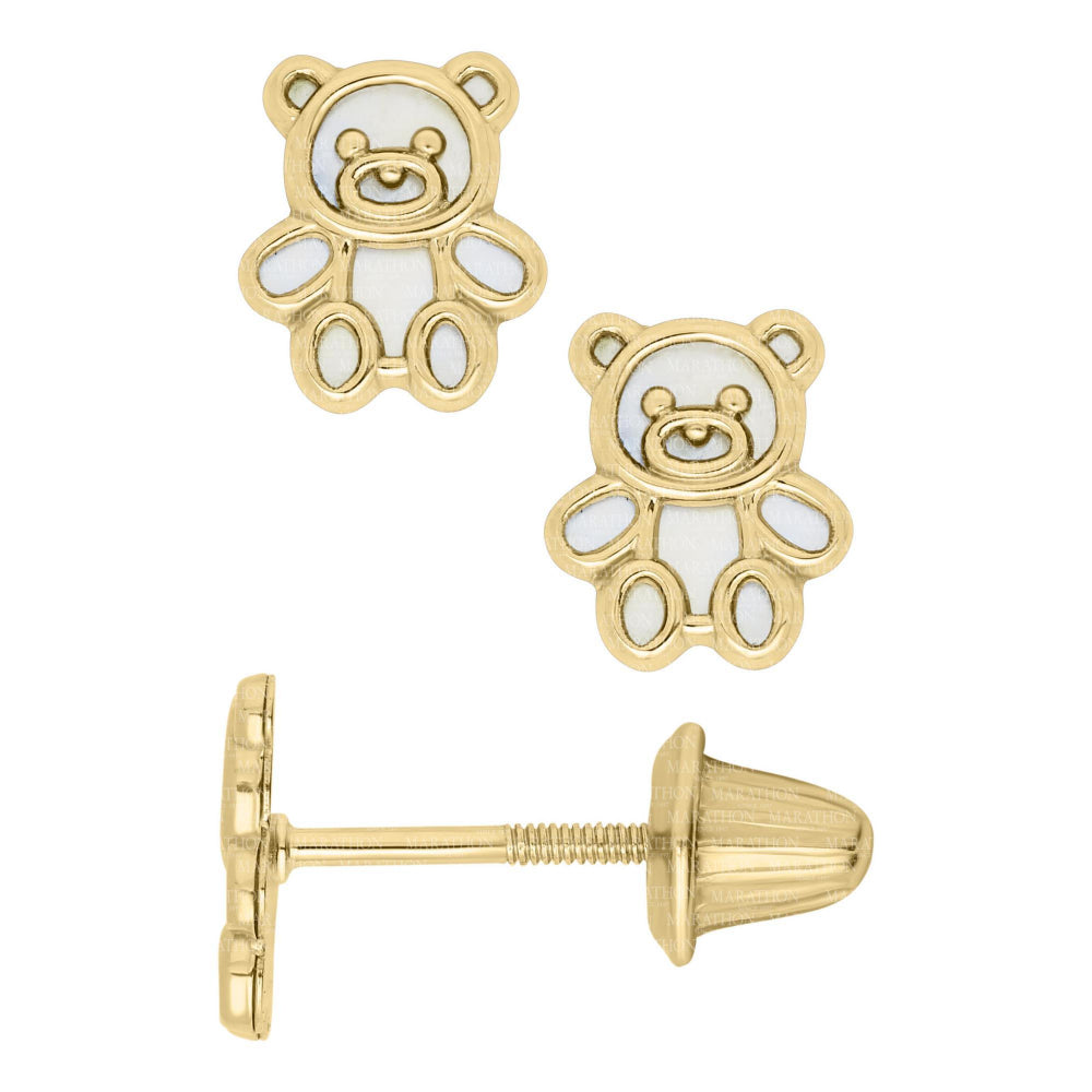 14K Gold Teddy Bear Mother of Pearl Earrings for Kids - Hypoallergenic Children's Jewelry Gift for Girls (Birthday, Christmas, Special Occasions)
