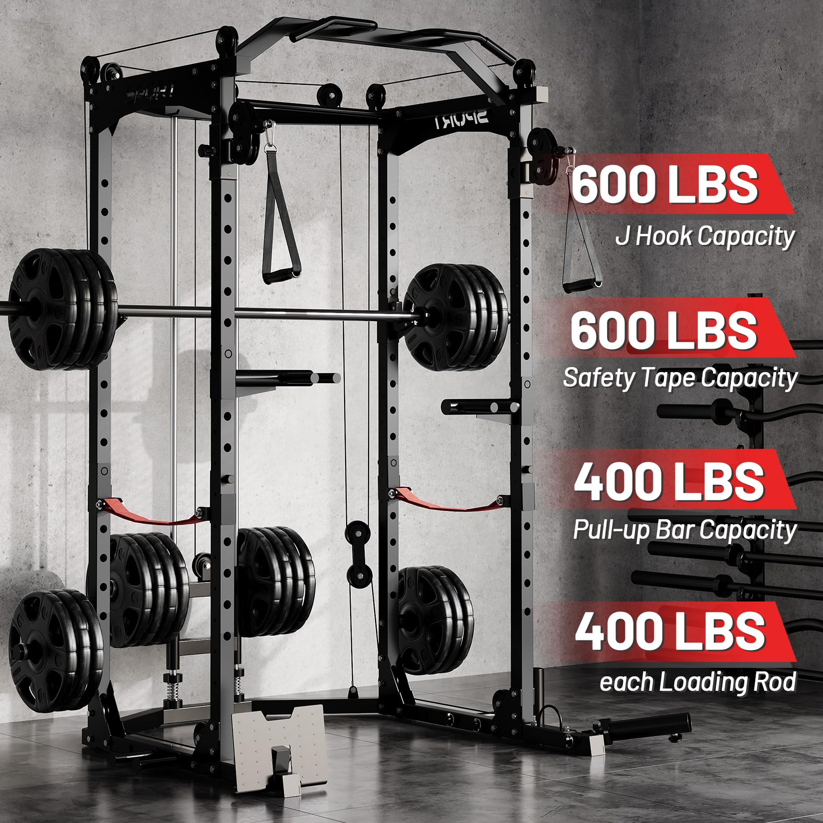 Heavy Duty Power Rack 1600LBS Capacity - Squat Rack with Cable Crossover System & Pull-up Bar - Multifunctional Home Gym Equipment for Strength Training - Perfect for Garage Gym, CrossFit & Weightlifting Workouts