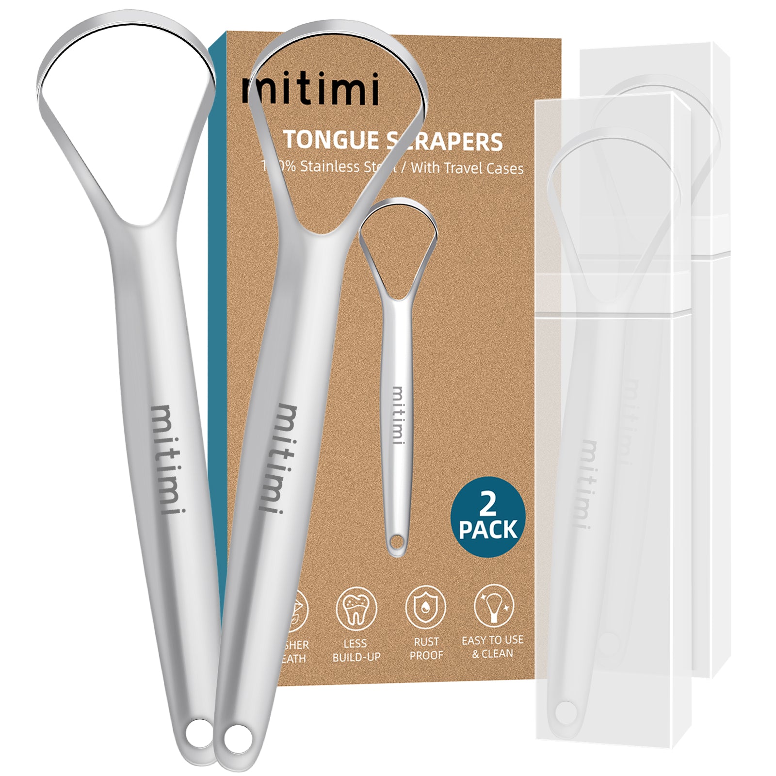 Mitimi Stainless Steel Tongue Scraper (2 Pack) - 100% Surgical Grade Tongue Cleaner for Adults & Kids - Freshens Breath & Improves Oral Hygiene for Daily Use at Home or Travel