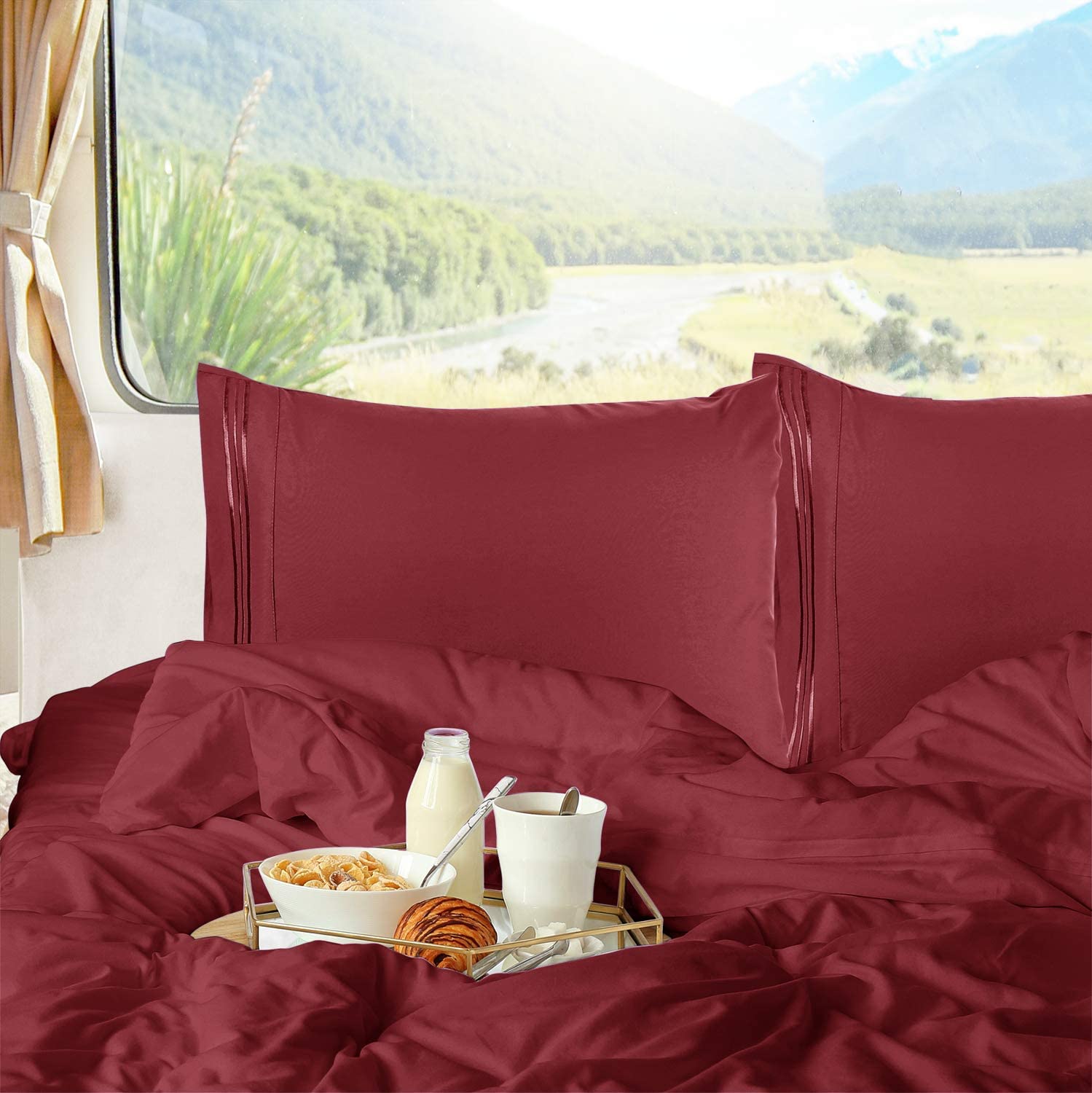 Clara Clark RV Queen Sheets Set - 4-Piece 1800 Microfiber Bedding with Deep Pockets | Cool, Breathable Short Queen Sheets for Campers & Travel Trailers | Burgundy Color | Perfect for RV Beds, Camping Trips & Mobile Homes
