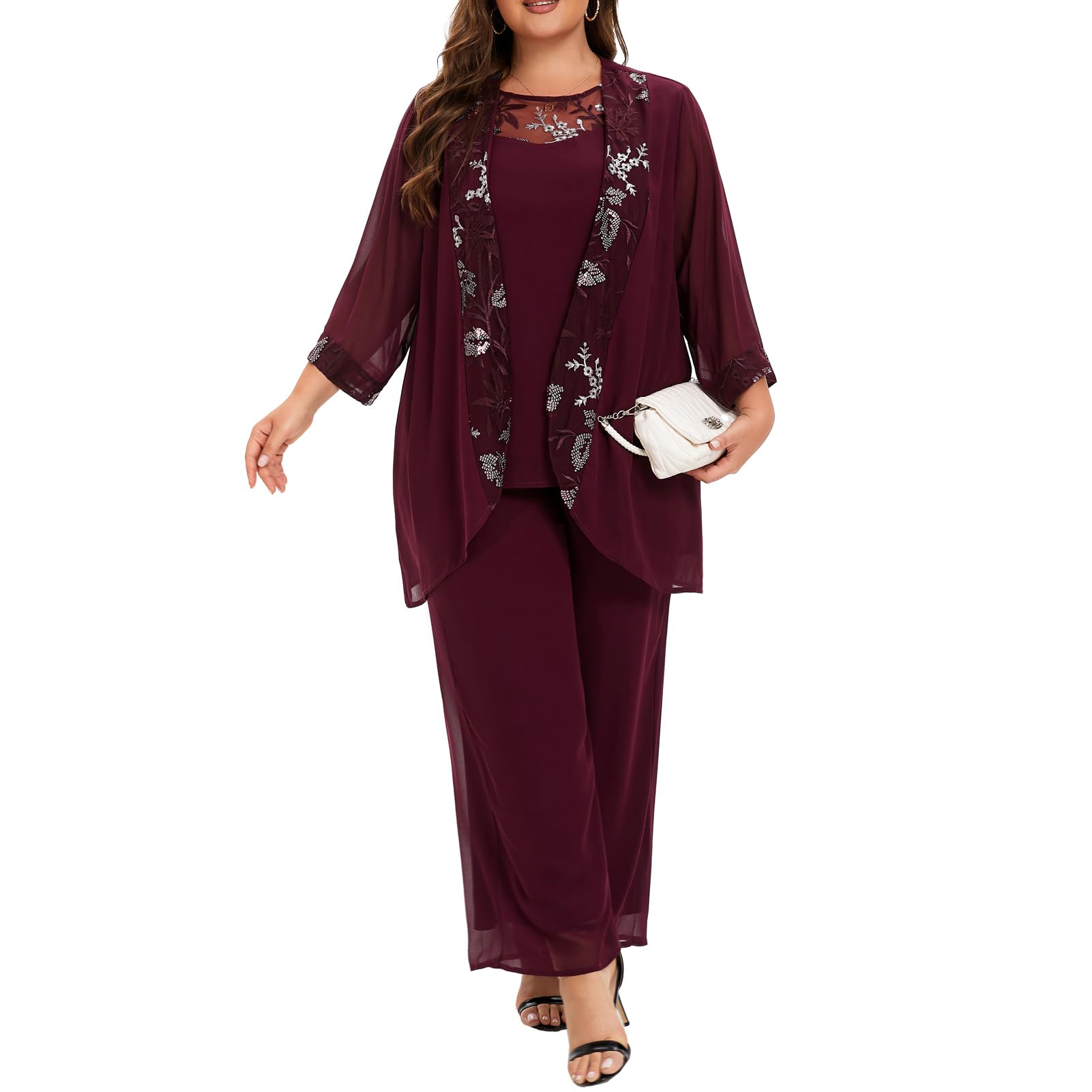 Plus Size Women's 3-Piece Chiffon Wedding Pant Suit - Elegant Mother of the Bride/Groom Outfit for Evening Parties & Formal Occasions