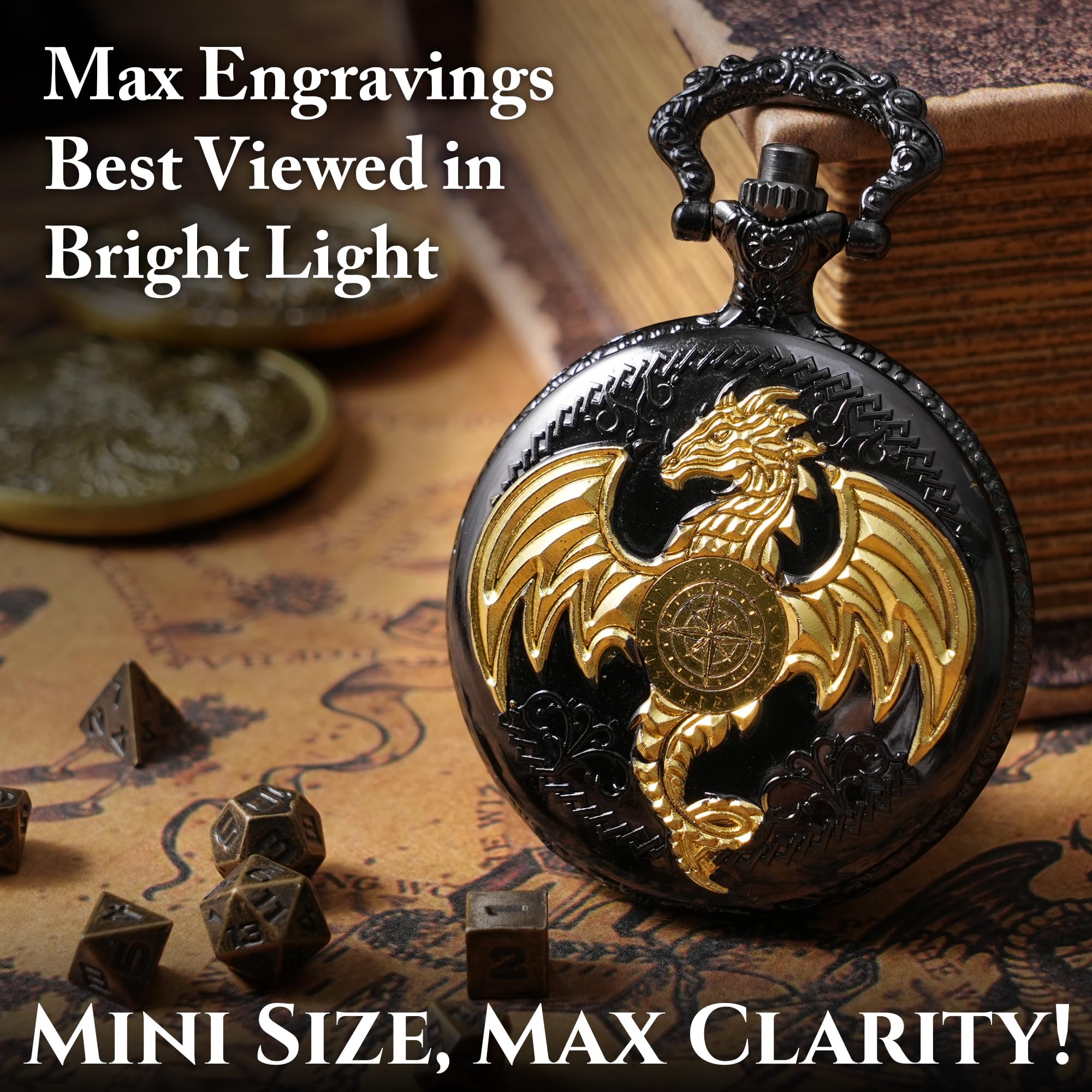 Premium Micro Metal Dice Set for DND RPG Games - MiniChrono's Dragon-Engraved Pocket Watch Case with Black Gold & Bronze Dice - Perfect Portable Dungeons & Dragons Accessory for Tabletop Gaming, Gifts & Travel