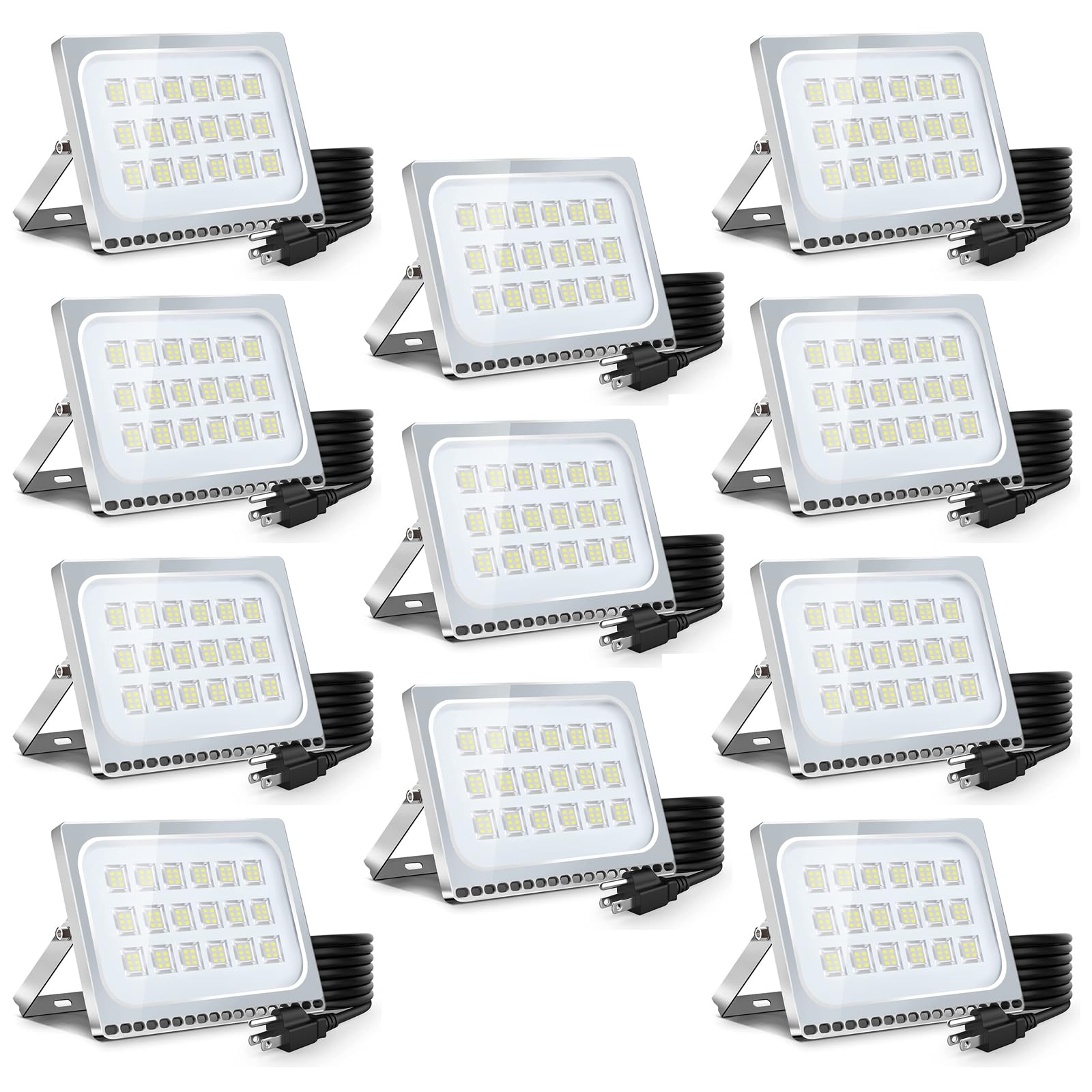 Viugreum 10 Pack 100W LED Flood Lights Outdoor Waterproof IP67 - 110V 10000LM Super Bright Warm White (3000K) Security Wall Landscape Lights with US Plug - Perfect for Driveway, Backyard, Garden, and Building Exterior Lighting