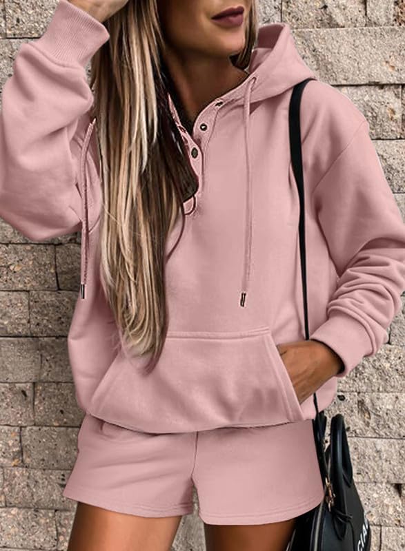 SHEWIN Women's 2-Piece Oversized Hoodie & Shorts Lounge Set - Soft Sweatsuit Tracksuit for Casual Wear, Home Relaxation & Gym Workouts