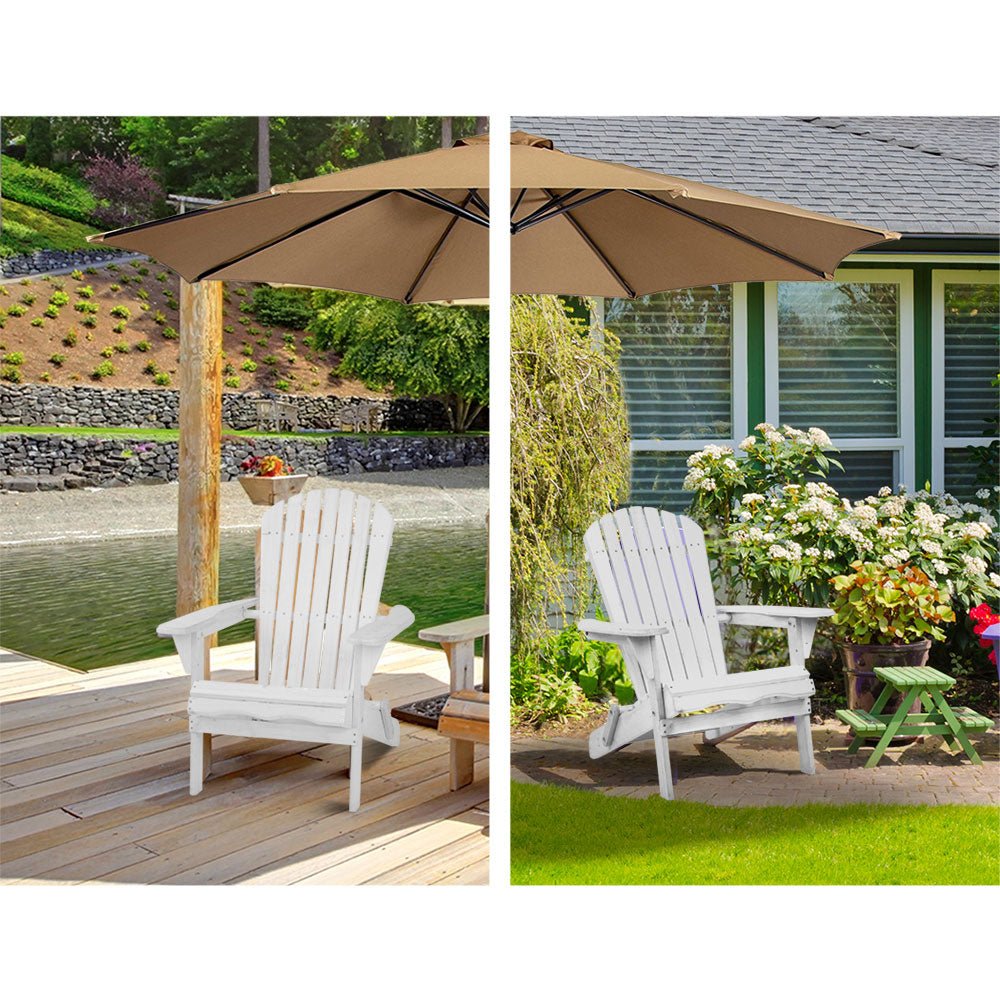3-Piece White Wooden Foldable Adirondack Outdoor Table and Chairs Set - Perfect for Beach, Patio, Garden, and Backyard Relaxation