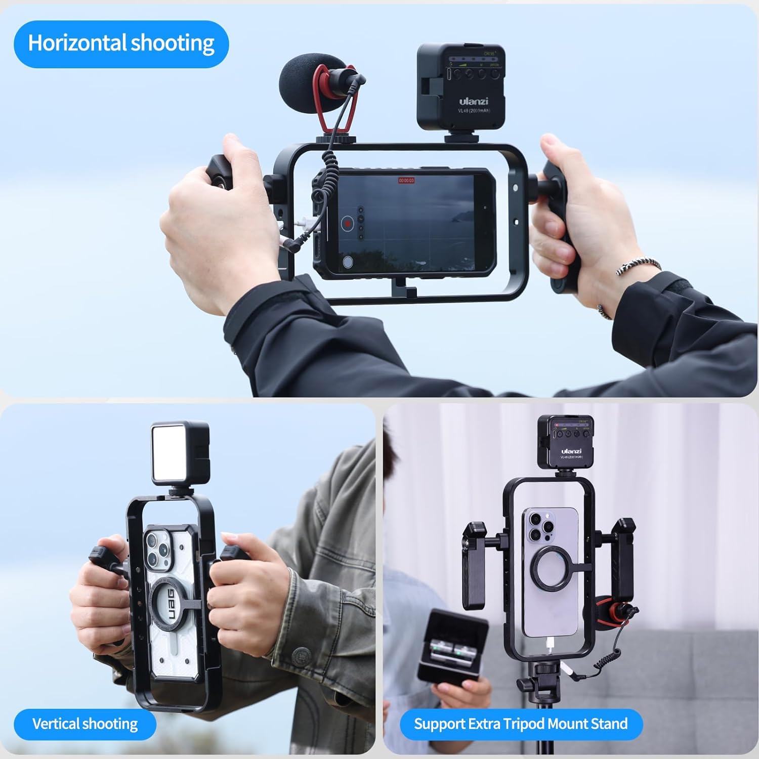 Magnetic Phone Cage Rig Kit with 2 Detachable Handles - Compatible with iPhone 16/15/14/13/12 Series & MagSafe - Professional Smartphone Stabilizer for Handheld Filmmaking, Vlogging, YouTube Content Creation & Live Streaming