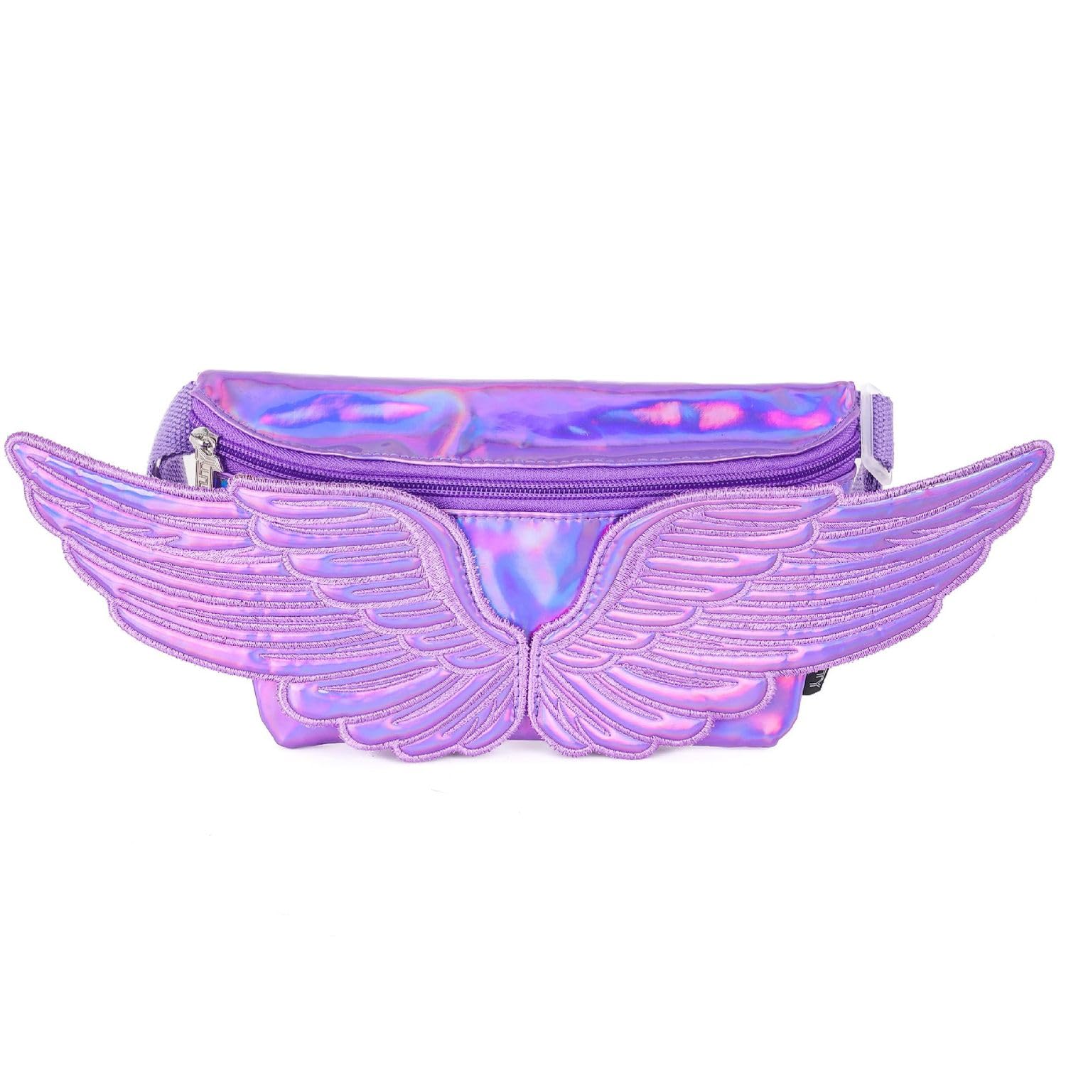 Retro 80s Fashion Fanny Pack for Women & Men - Crossbody Waist Bag with Adjustable Belt, Small Cute Festival & Concert Bag (WINGS Purple) - Perfect for Outdoor Activities, Travel, Music Events & Daily Use