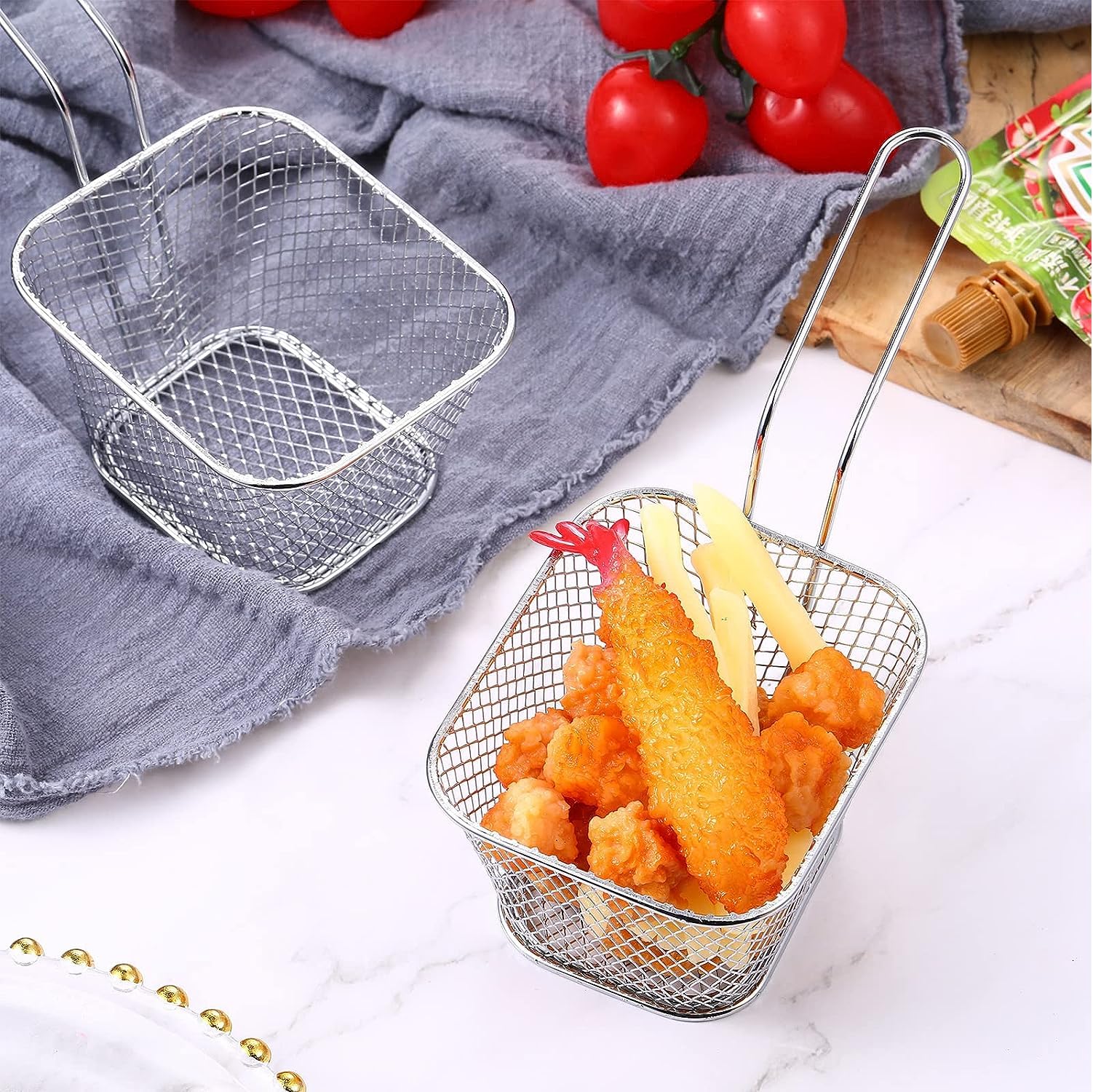 Stainless Steel Deep Fry Basket with Handles - Reusable French Fry Holder, Potato Chip Strainer & Cooking Tool for Kitchen (Silver, 1-Pack) - Perfect for Frying, Draining & Serving French Fries, Onion Rings & More
