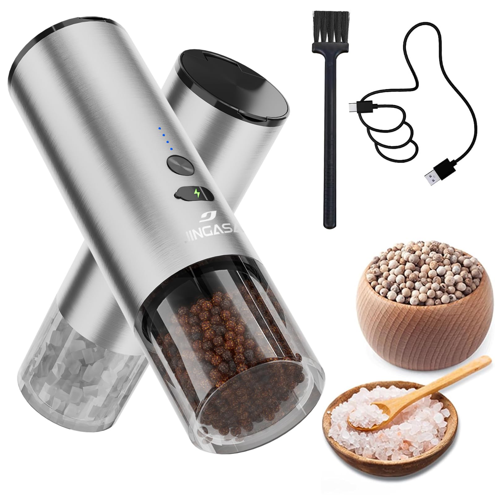 Upgraded Electric Salt and Pepper Grinder Set - USB Rechargeable Automatic Mill with Adjustable Coarseness & LED Power Indicator, 4oz Large Capacity - Perfect for Kitchen, Dining Table, Camping & Gifts