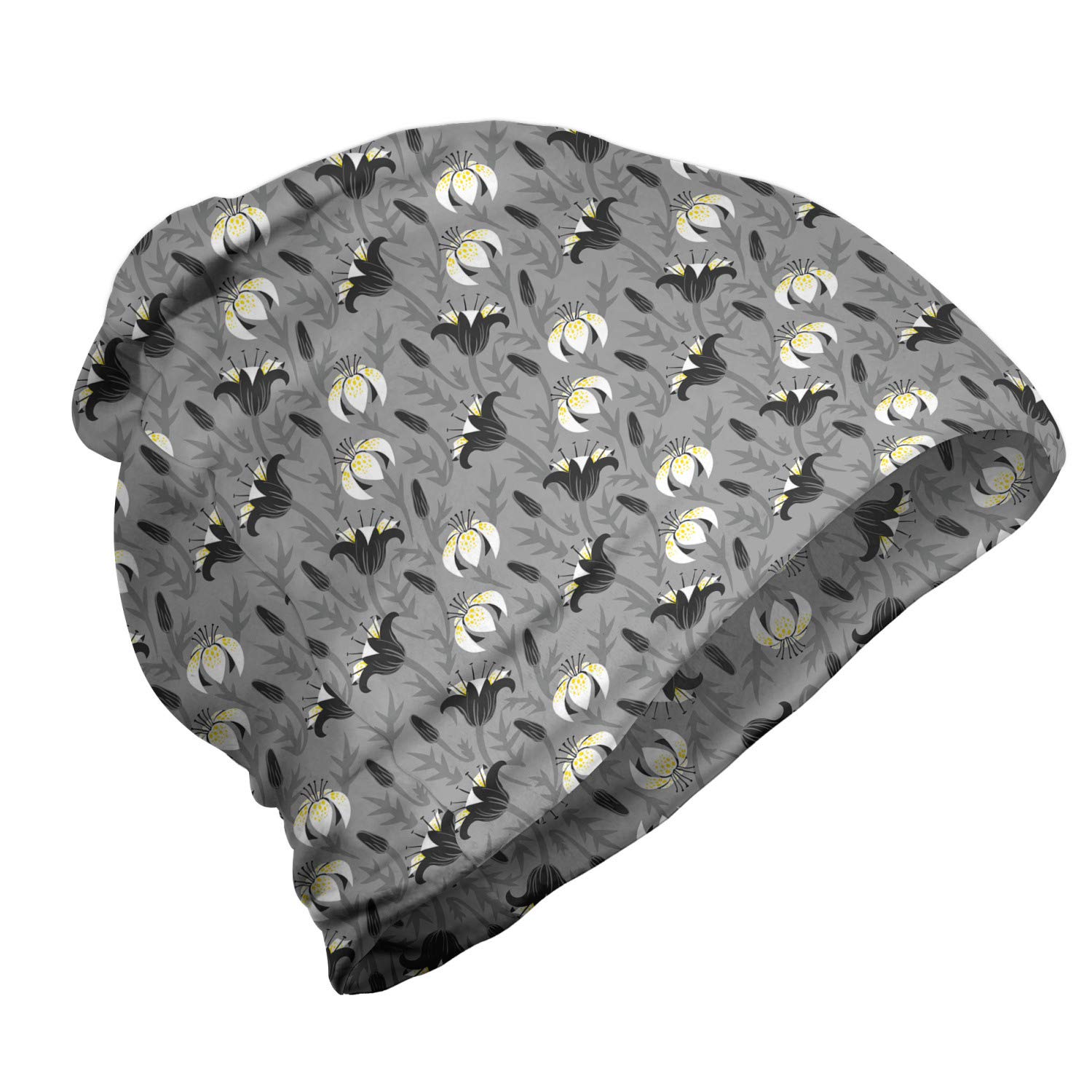 Ambesonne Unisex Beanie Hat - Floral Tulip and Lily Design - Warm Knit Winter Cap for Men & Women - Perfect for Hiking, Camping, and Outdoor Activities