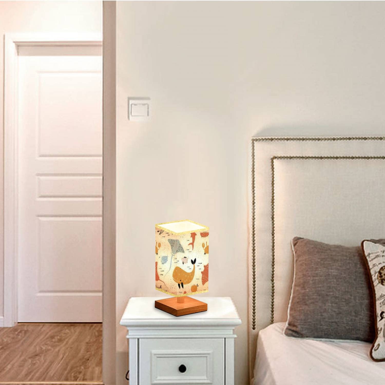 Handmade Square Bedside Table Lamp with Wooden Base & Flaxen Fabric Shade - Dimmable Nightstand Lamp for Bedroom, Living Room, Nursery - Perfect for Reading, Relaxing & Creating Cozy Ambience