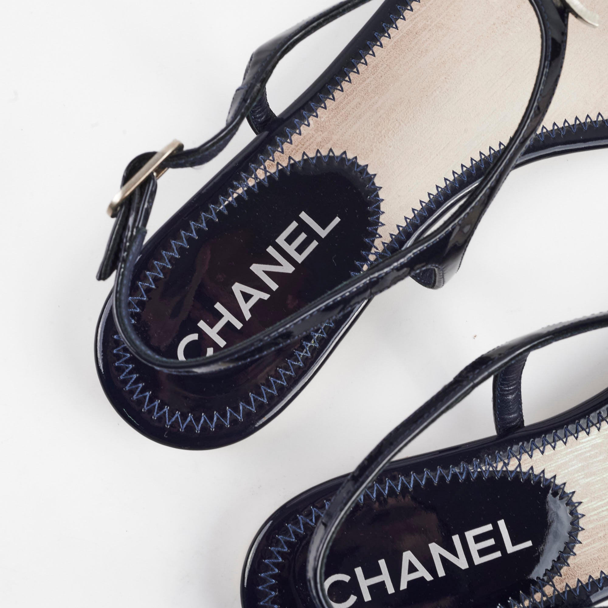 Chanel Navy Blue Patent Leather Sandals for Women - Luxury Designer Summer Shoes for Beach, Party & Casual Wear