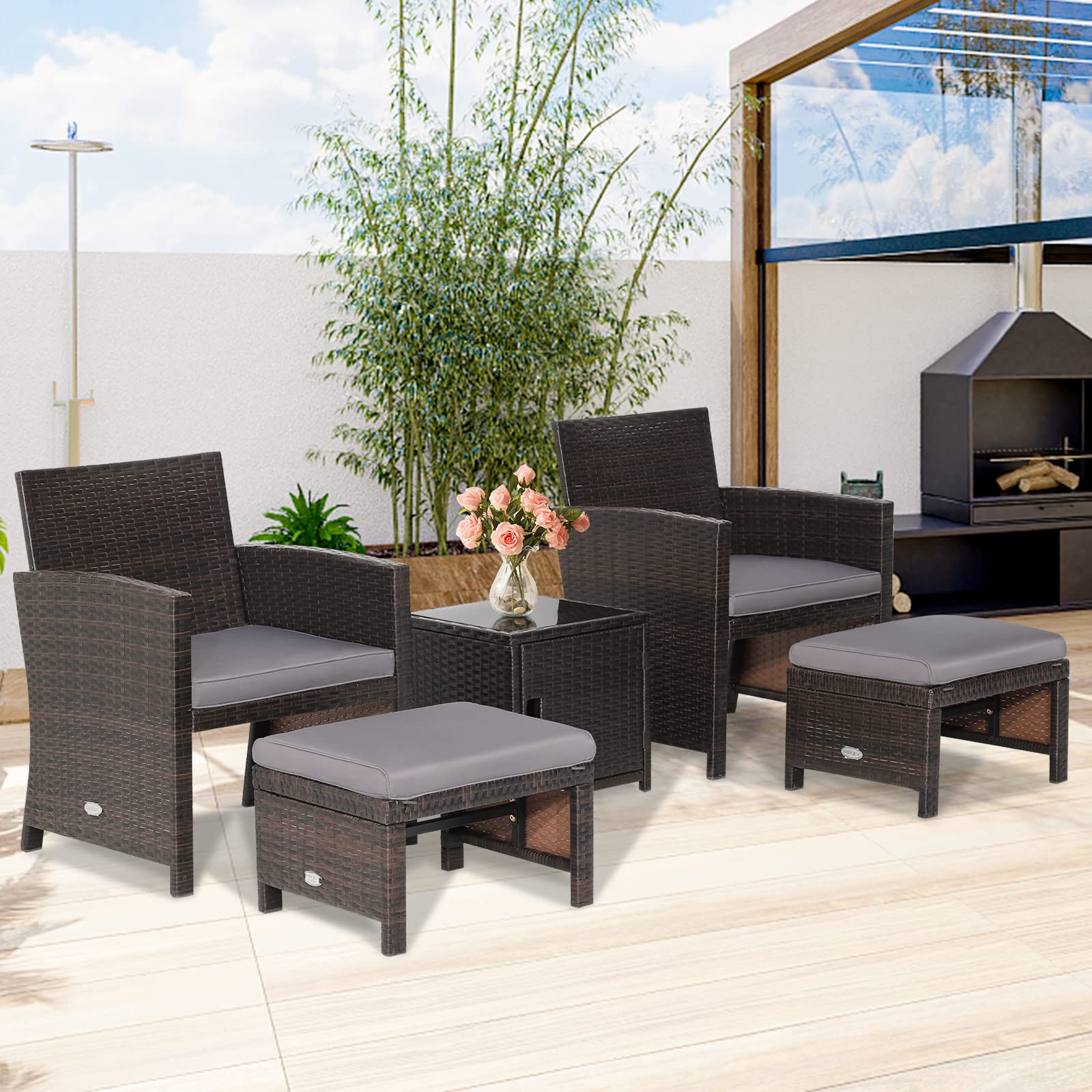 Tangkula 5-Piece Wicker Patio Furniture Set with Waterproof Cover - Outdoor Cushioned Chairs & Ottoman with Storage Coffee Table - Space-Saving Rattan Conversation Set for Garden, Poolside or Backyard Relaxation