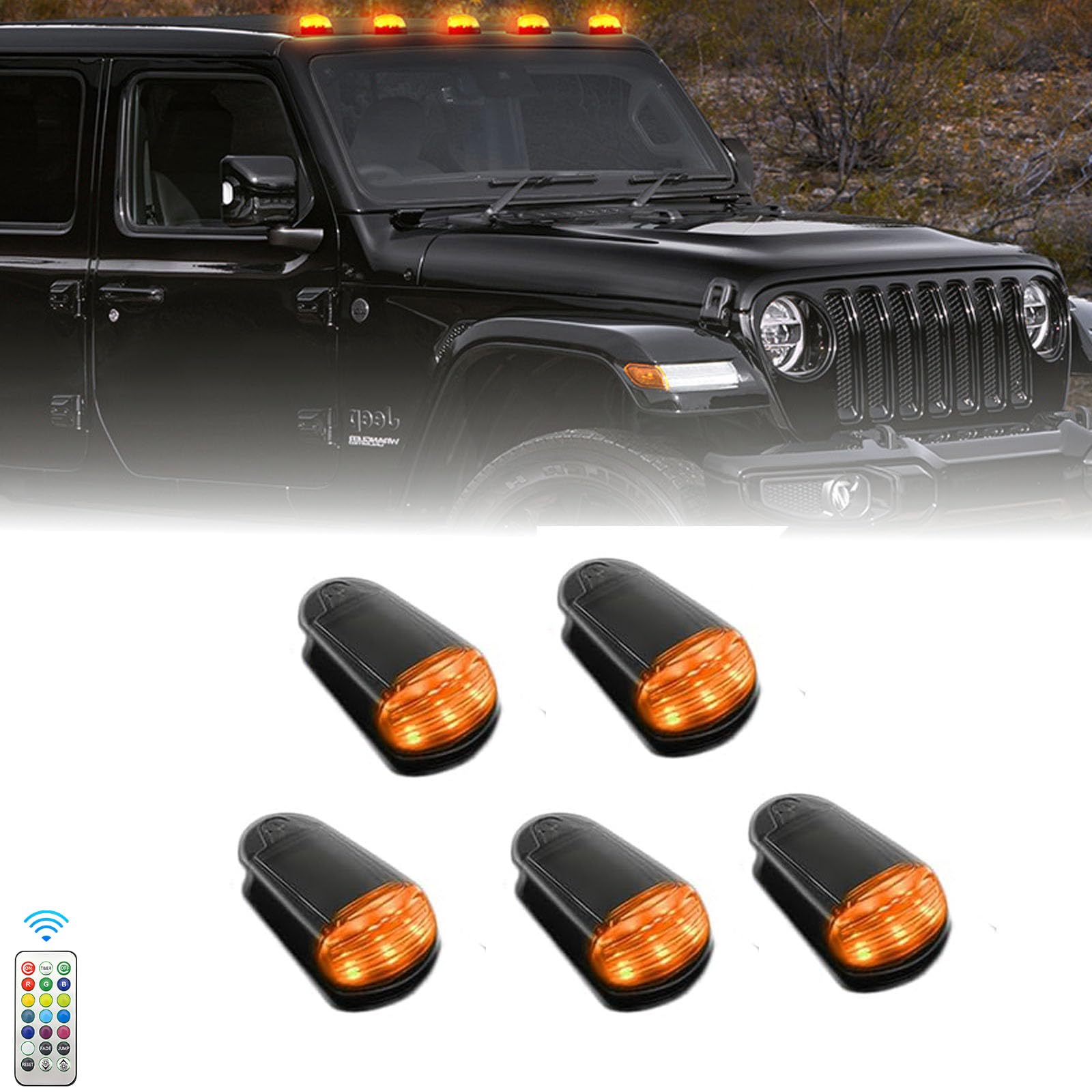 BLOWEST 2024 Solar Powered Cab Lights for Trucks - Wireless, No Drill, Adhesive Mount with Remote Control (5-Pack) - Perfect for Night Driving, Off-Roading & Emergency Lighting