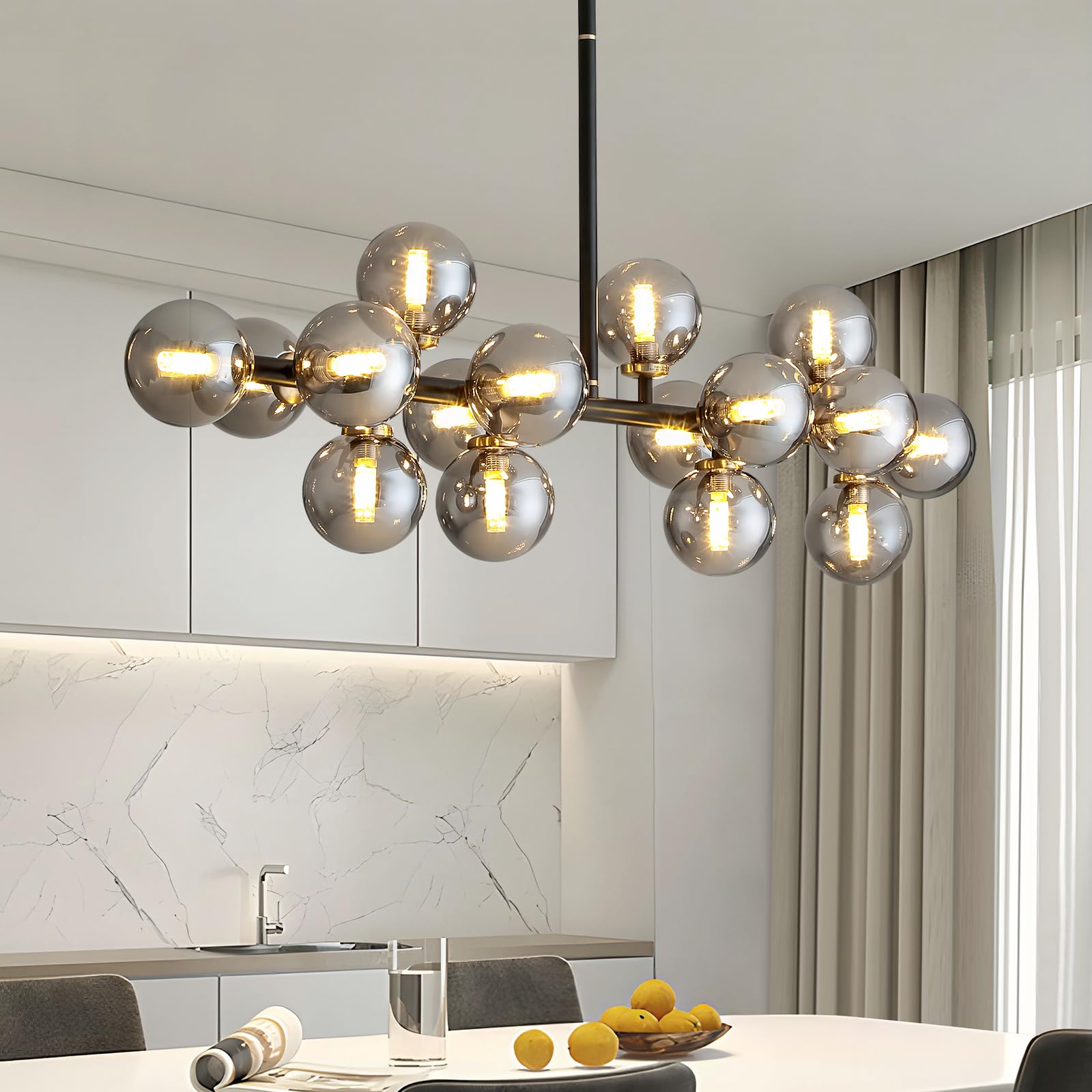 CROSSIO 16-Light Mid Century Modern Chandelier - Black Linear Pendant Light Fixture with Glass Globes - Sputnik Style Lighting for Dining Room, Kitchen, Farmhouse - Smoke Gray Lampshade - Perfect for Vintage Decor & Industrial Style Interiors