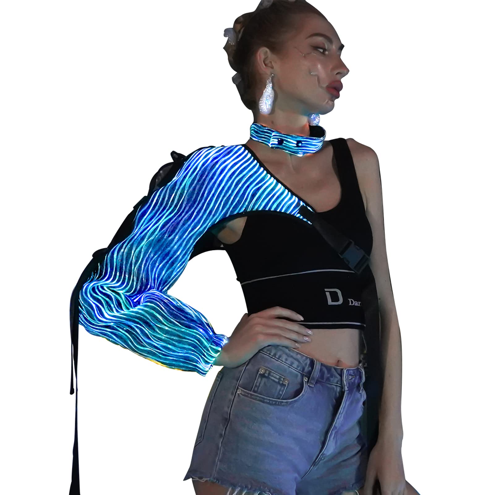 Lumisonata Women's Punk Crop Top with Buckle Detail - LED Light Up One Shoulder Rave Top for Music Festivals, Concerts & Nightclubs - Black Party Outfit for Women