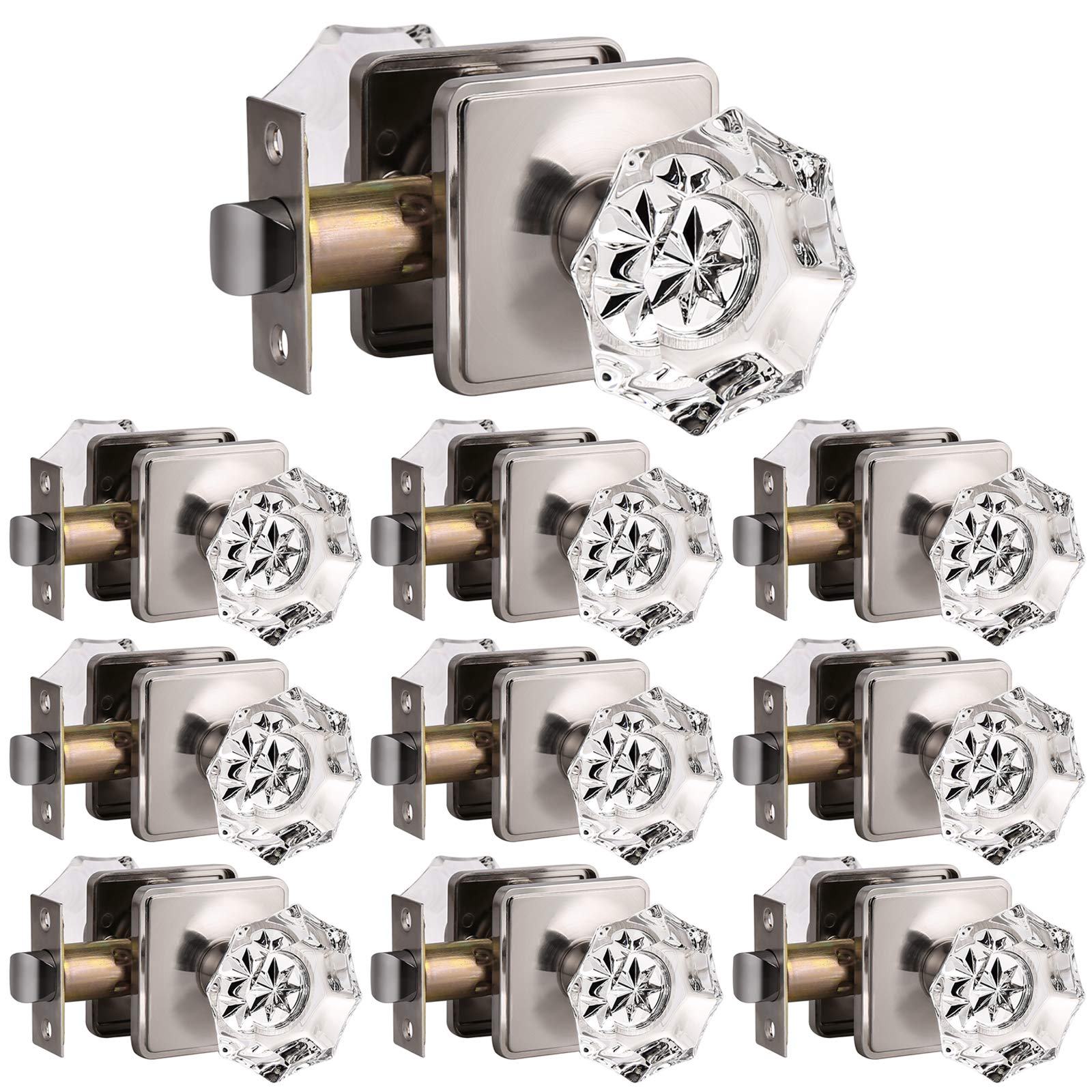 Nickelworld 10 Pack Heavy Duty Octagon Crystal Glass Door Knobs - Satin Nickel Finish, Non-Locking Interior Door Hardware for Hallways, Closets & Bedrooms - Square Collins Rosette Design - Perfect for Vintage Home Decor & Office Doors
