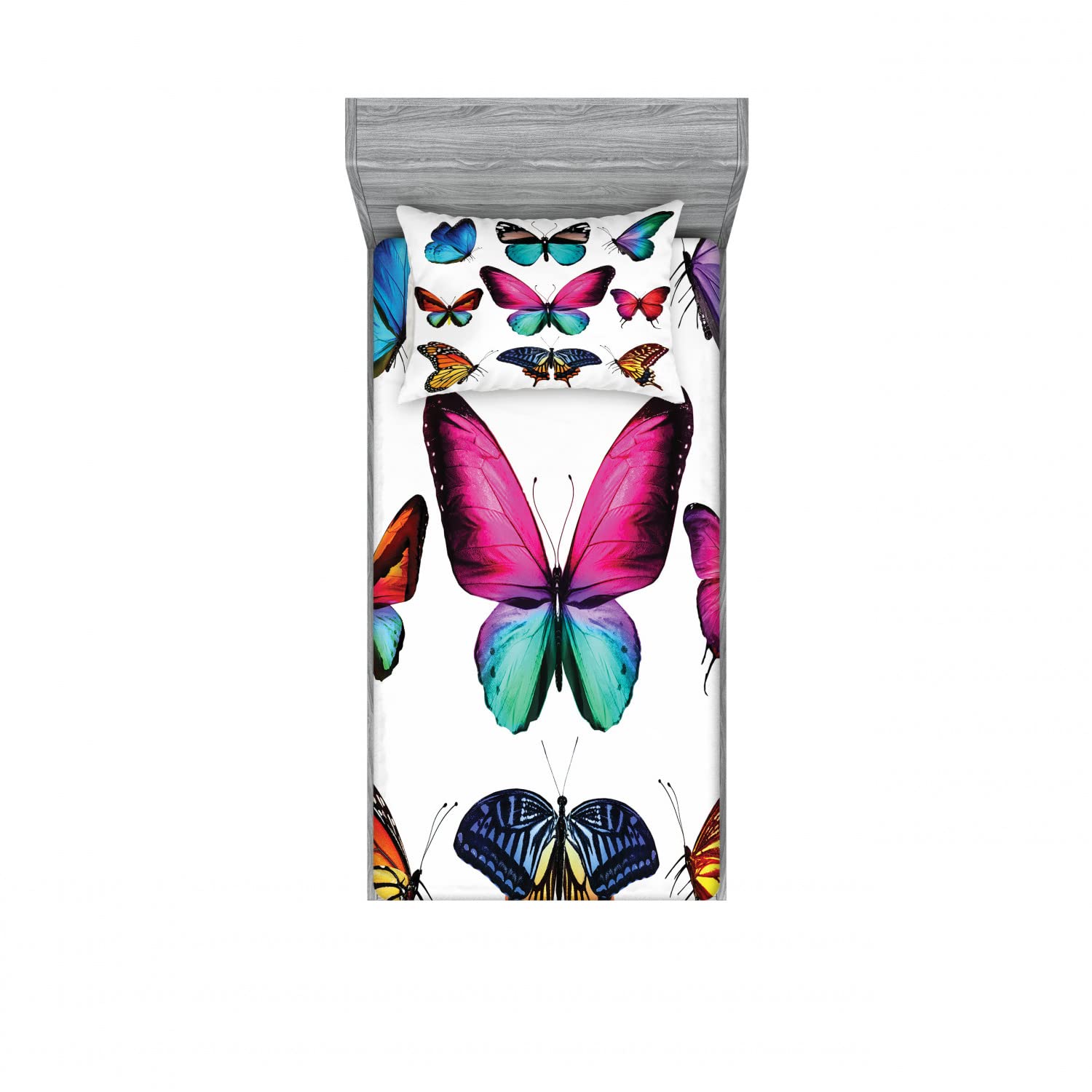 Ambesonne 2-Pack Twin XL Fitted Sheets & Pillow Sham Set - Vibrant Butterfly Print Bedding Collection (4-Piece Set) | Soft & Breathable for Comfortable Sleep | Perfect for Kids Rooms, Guest Bedrooms & Dorm Decor