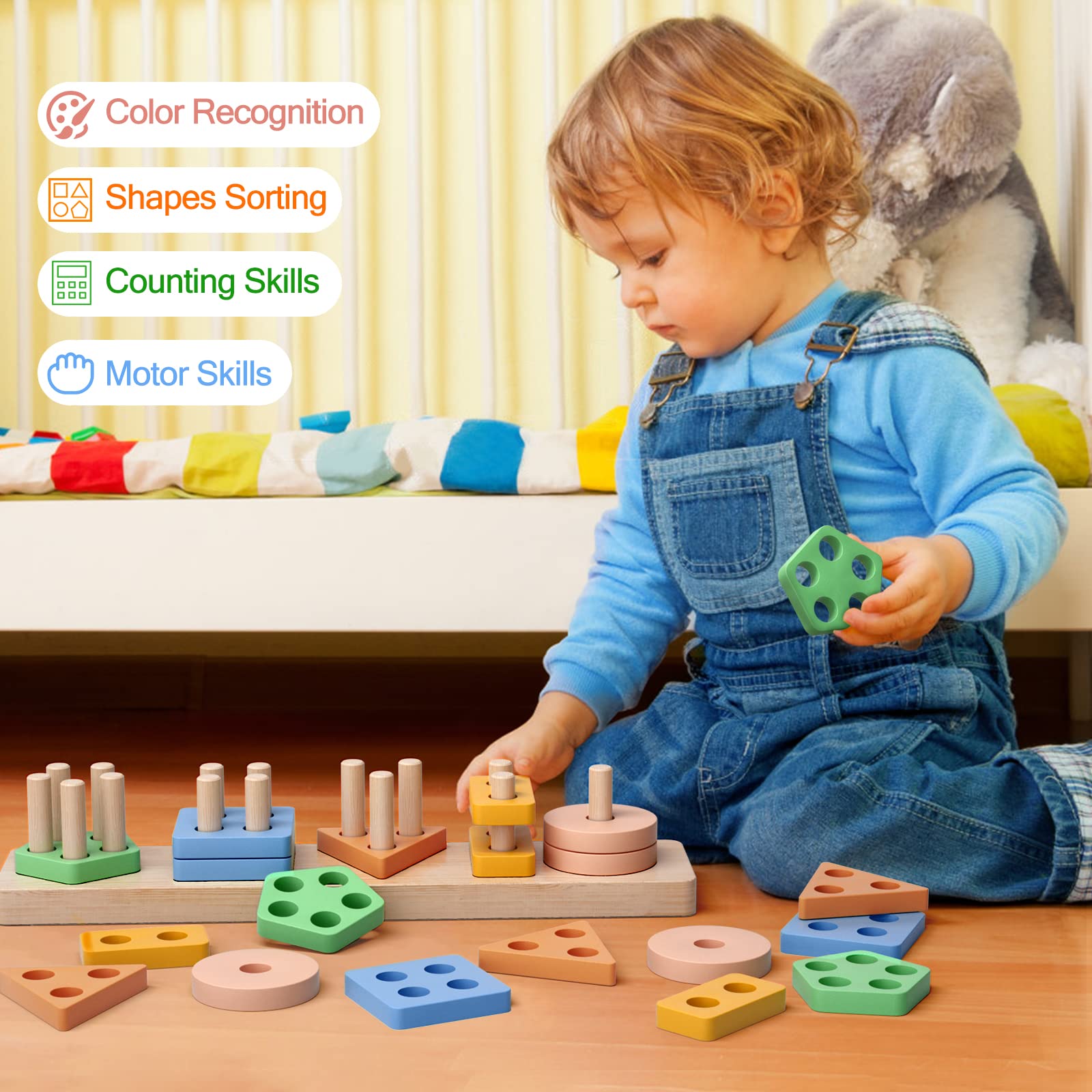 Montessori Wooden Stacking Toys for Toddlers 1-2 Years - Sorting & Learning Blocks for Preschool Kids - Perfect Gift for 12-18 Month Boys & Girls - Playtime & Early Education