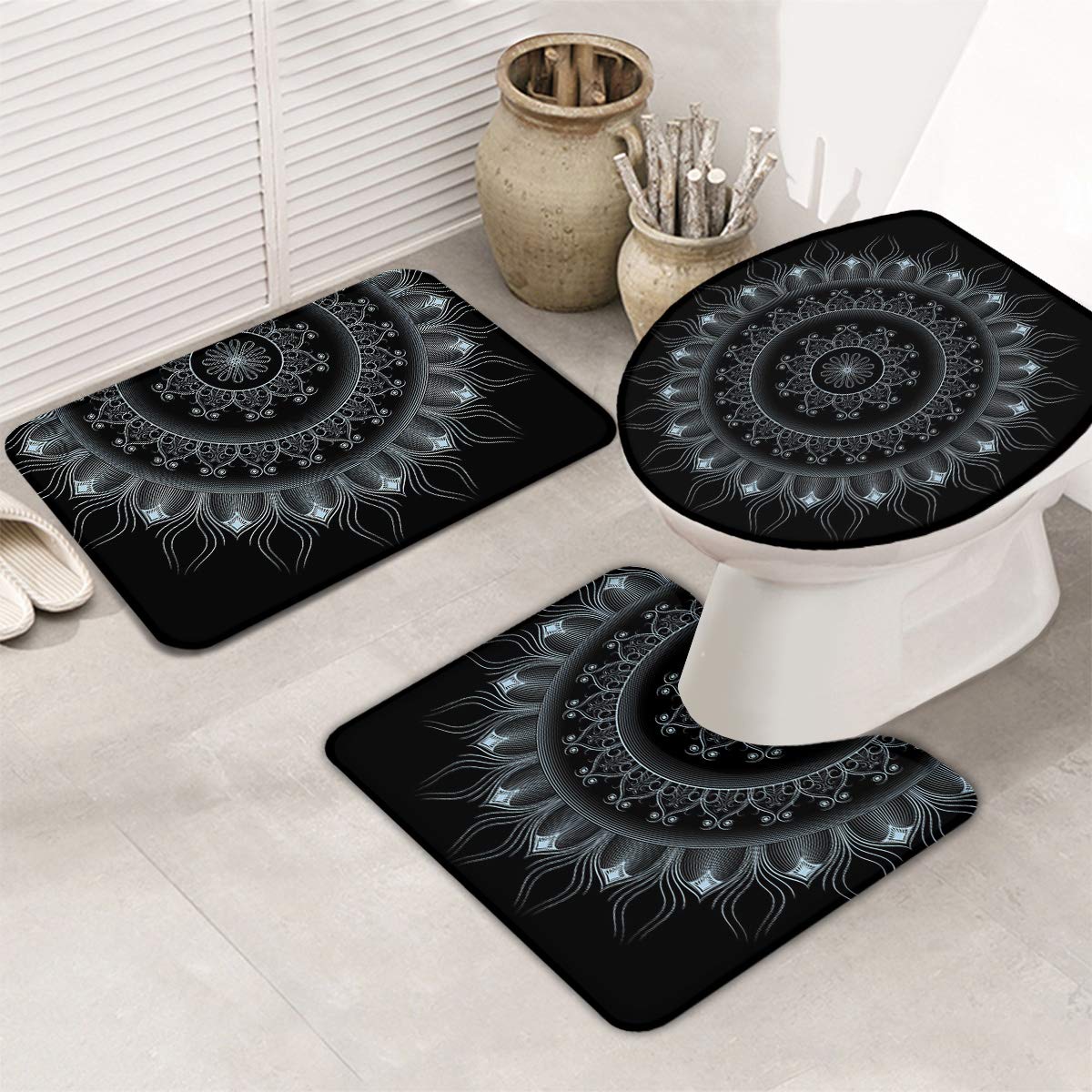 3-Piece Mandala Bathroom Rug Set - Non-Slip Black Bohemian Flower Mats with U-Shaped Toilet Mat & Lid Cover | Super Absorbent, Machine Washable | Perfect for Bathroom, Toilet & Home Decor