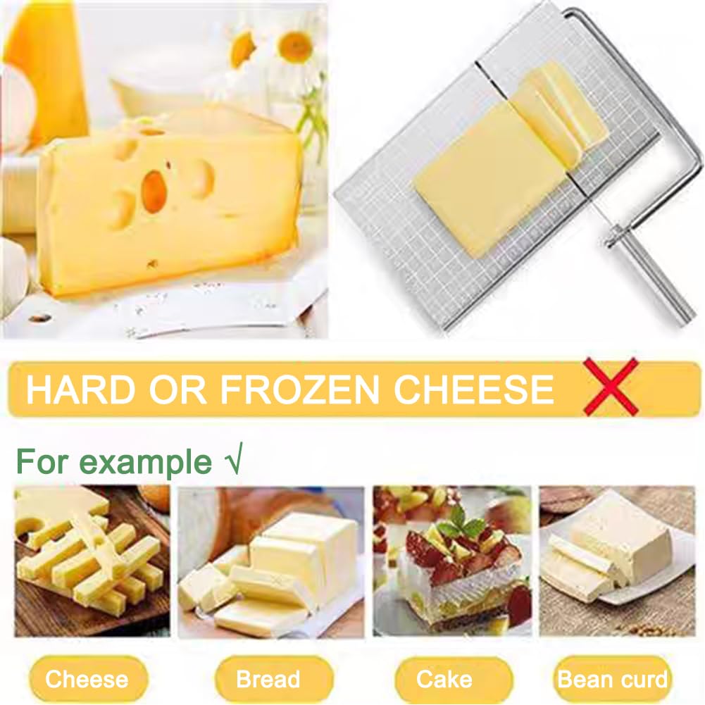Premium Stainless Steel Cheese Slicer with 6 Replacement Wires - Cheese Cutter Board for Block Cheese, Effortless Slicing - Perfect for Kitchen, Party Platters & Charcuterie Boards (Silver)