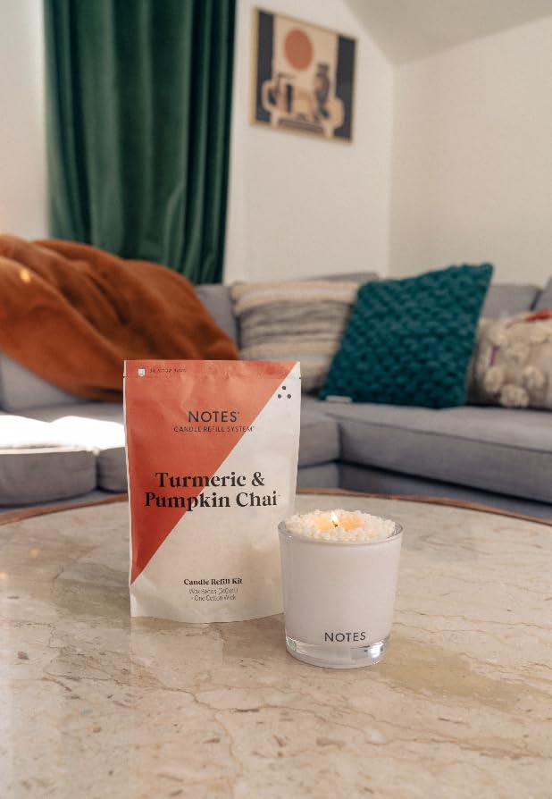NOTES Sustainable Candle Starter Kit - Eco-Friendly Refillable Candles with Warm Cozy Duo Scents | 100% Natural Soy Wax | Turmeric Pumpkin Chai & Vanilla Pepperwood Fragrance | Perfect for Fall Decor, Home Aromatherapy, and Cozy Evenings