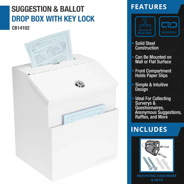 Barska CB14102 Secure Suggestion & Ballot Box with Key Lock & Deposit Slot - White | Ideal for Voting, Surveys, Feedback Collection & Office Use