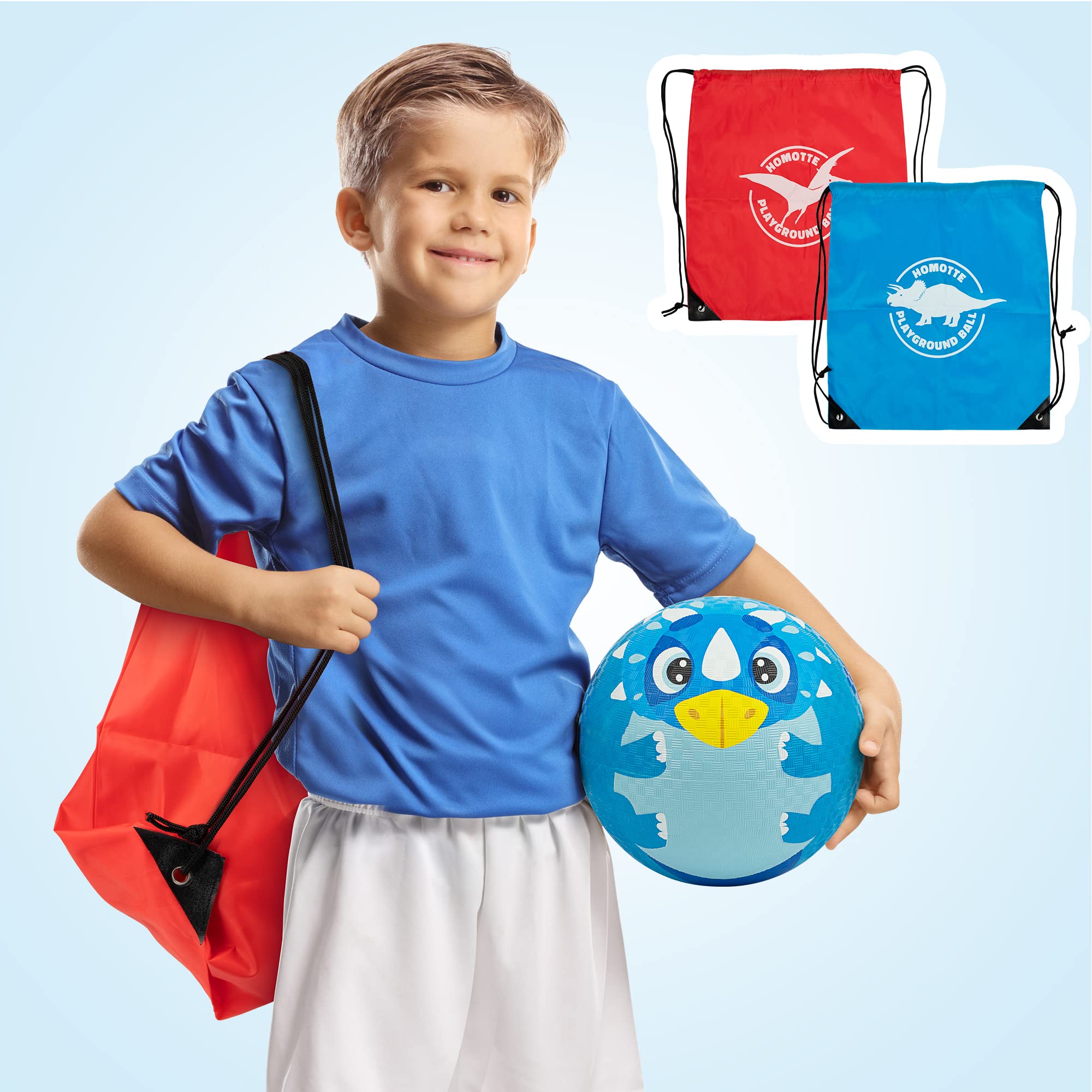2Pcs Dinosaur Rubber Balls - 8.5 Inch Kickballs & Dodge Balls for Kids Ages 4-12 | Includes Pump & Drawstring Bags (Blue Triceratops + Red Pterosaur) | Perfect for Playground, Backyard, Gym Class & Outdoor Games