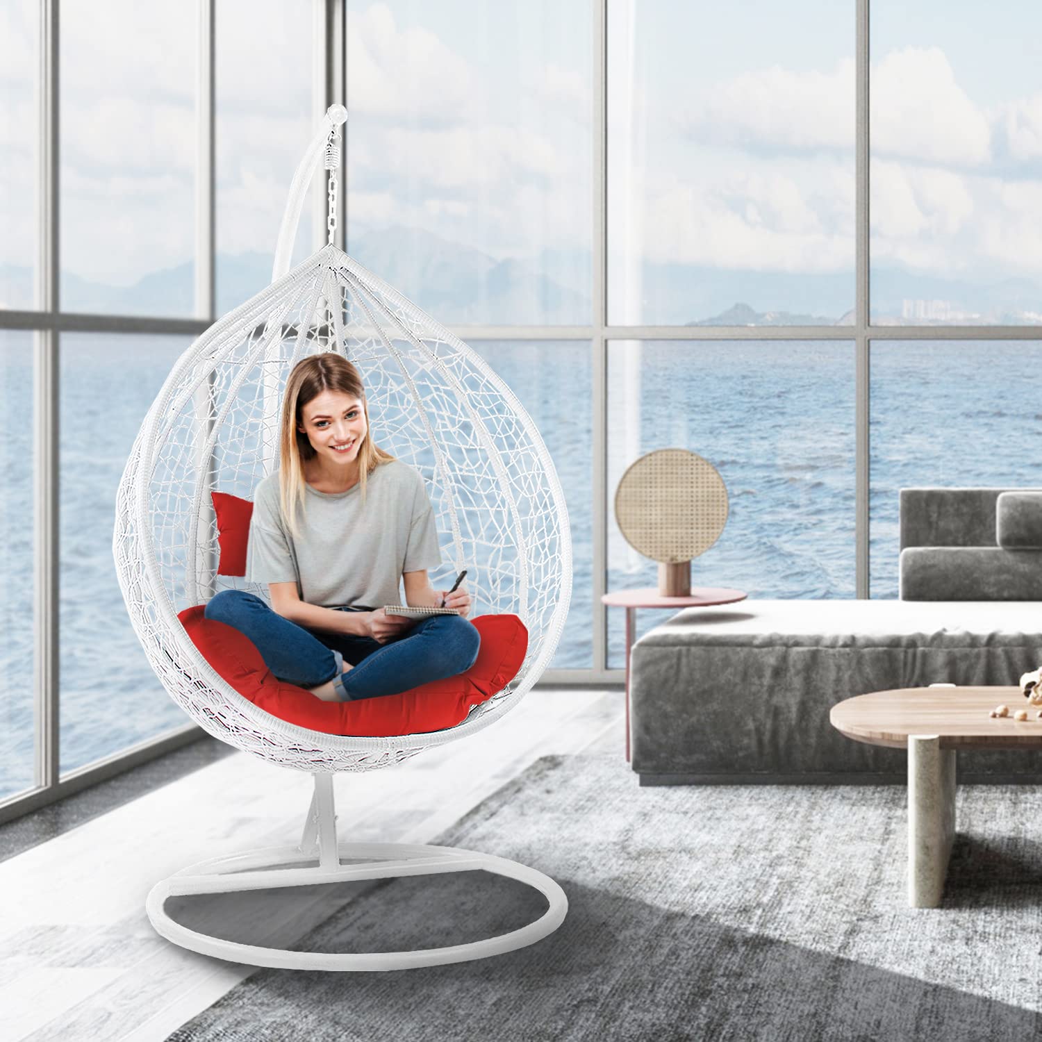 J.M.Deco Patio Swing Chair with Stand - Egg Hanging Chair with Support Frame, Wicker Plastic Hammock Swing for Indoor, Outdoor, Garden, Backyard & Patio Use (White+Red) - Perfect for Relaxing, Reading & Lounging in Your Garden or Balcony