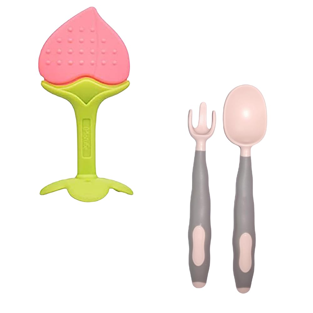 Kritiu Baby Teether and Spoon Set - BPA-Free Silicone Teething Toys & Infant Feeding Spoons - Safe Baby Essentials for 6+ Months (Peach) - Perfect for Soothing Sore Gums and First Solid Foods