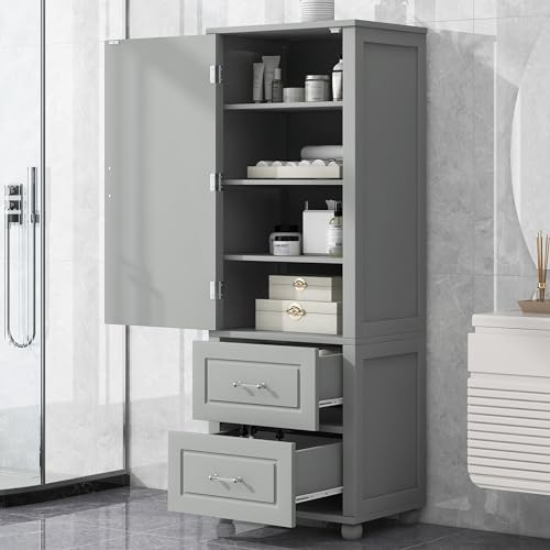 Tall Narrow Storage Cabinet with 2 Drawers & 2 Adjustable Shelves - Freestanding Wood Organizer for Bathroom, Kitchen, Office - Space Saving Grey Cabinet (Perfect for Small Spaces, Apartment Storage & Home Organization)