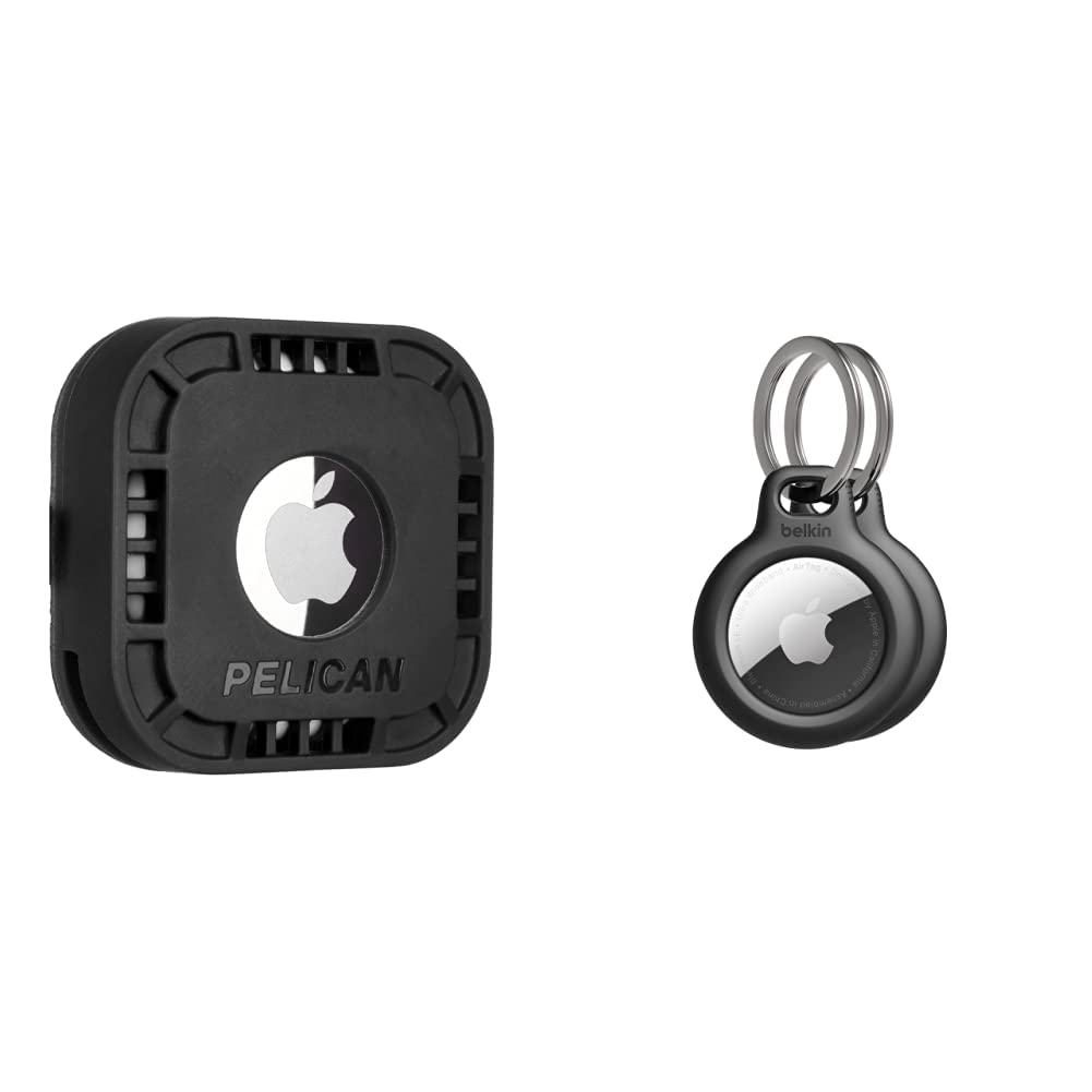 **Pelican Protector Series Stick-On Mount & Belkin Key Ring Case for Apple AirTag (2 Pack, Black) – Secure, Scratch-Resistant Holder for Travel, Luggage, Keys & Pets**