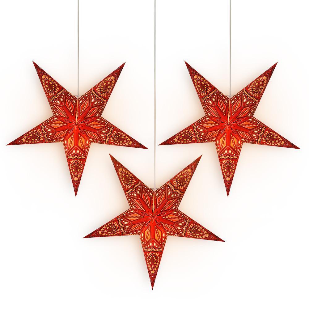 3 Pack 24 Inch Red Crystal Paper Star Lantern with LED Bulbs & Lamp Cord - Party Decorations, Wedding Centerpieces, Christmas Tree Ornaments, Home Holiday Lighting Decor