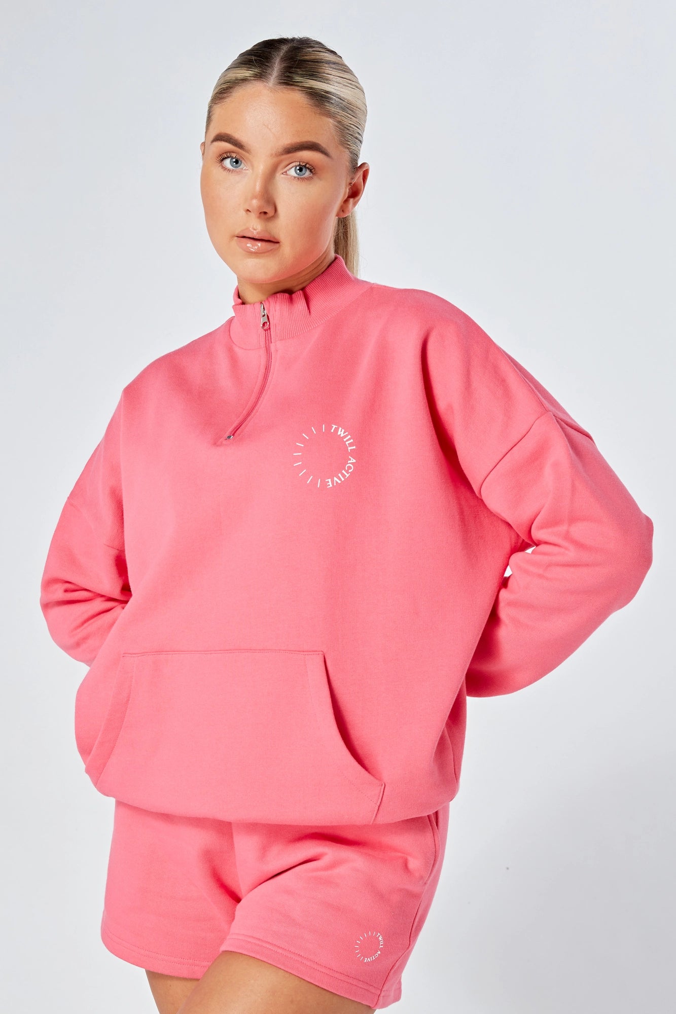 Oversized Funnel Neck Zip Up Sweatshirt for Women | Cozy Fleece Pullover Hoodie | Casual Loungewear & Streetwear Outfit | Pink