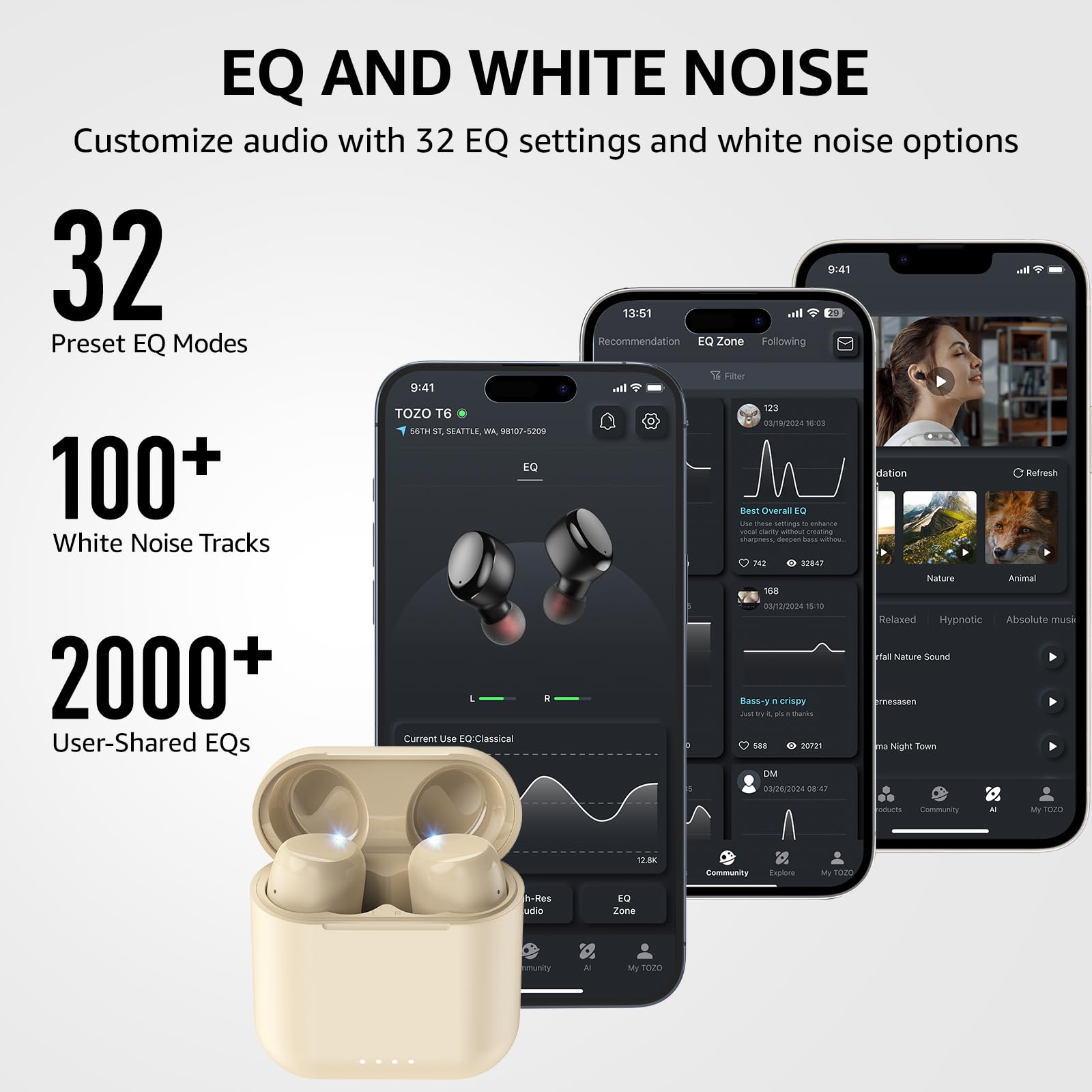 TOZO T6 Wireless Earbuds Bluetooth 5.3 Headphones - IPX8 Waterproof, 50Hrs Playtime with Wireless Charging Case, Ergonomic In-Ear Design, Customizable APP EQ - Perfect for Running, Gym Workouts & Travel