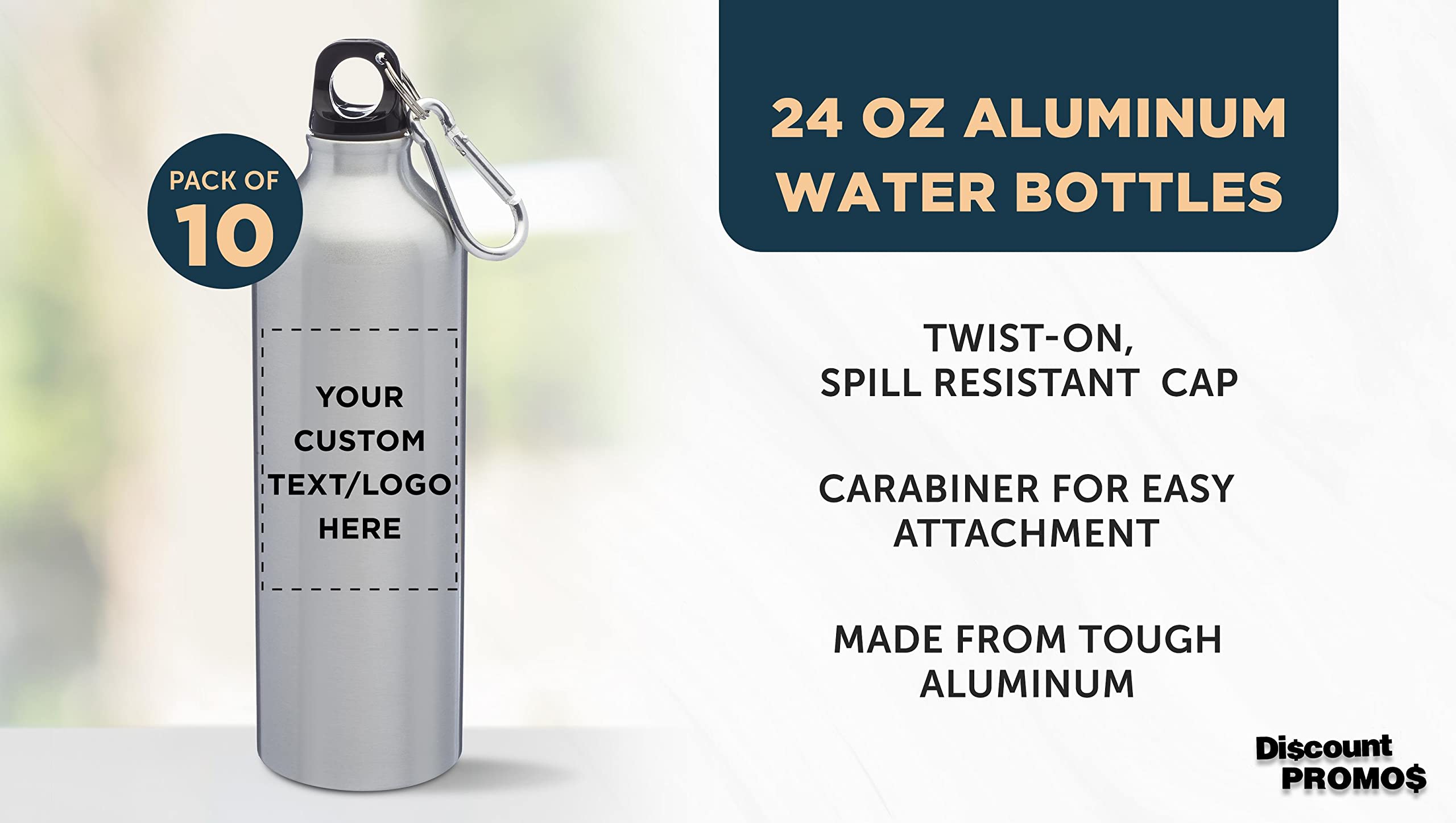 Custom 24oz Aluminum Water Bottles with Carabiner Clip - Bulk Set of 10 Personalized Sport Bottles - Ideal for Gym, Hiking, Camping, Running & Cycling - Durable BPA-Free Reusable Water Bottle for Outdoor Adventures & Team Events - Silver