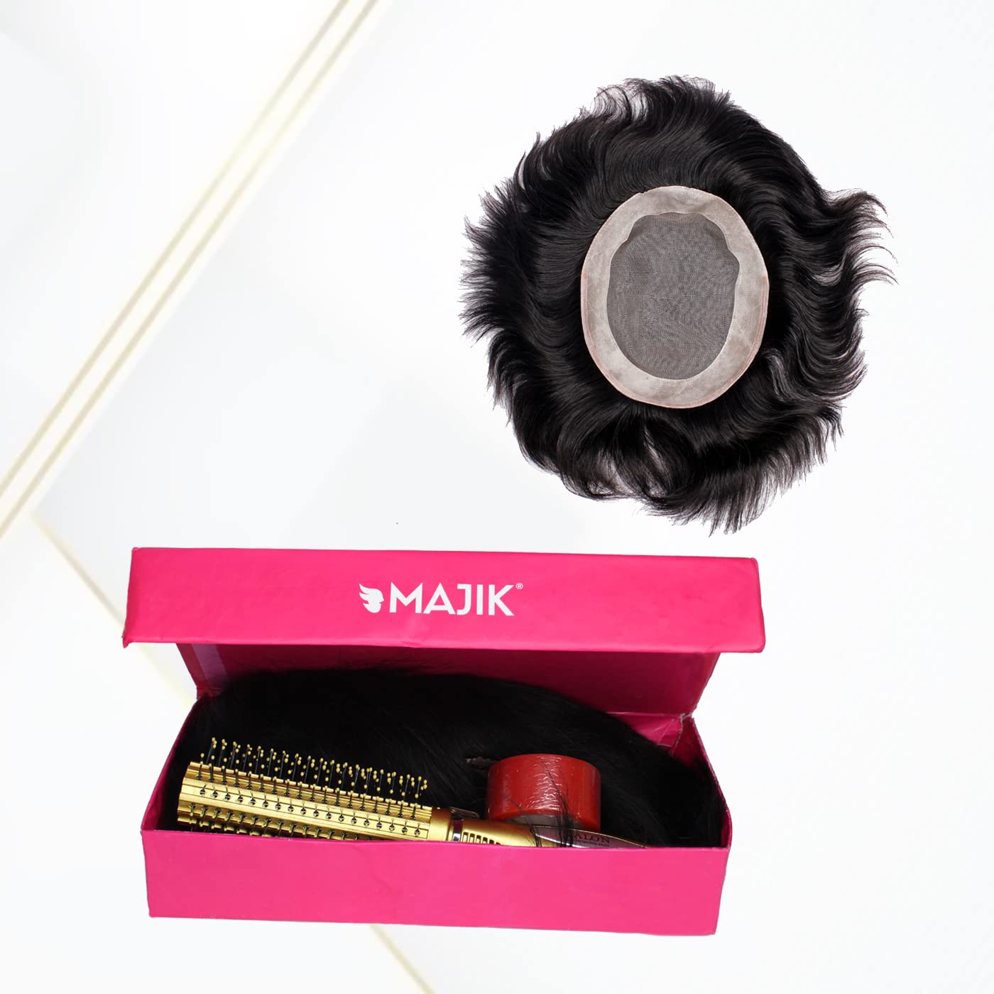 Majik USA Monofilament Hair Patch for Men - Natural Black 8X6 Toupee with Hair Brush, 4 Clips & 1 Tape | Realistic Hair Replacement System for Thinning Hair | Perfect for Daily Wear, Special Occasions & Confidence Boosting