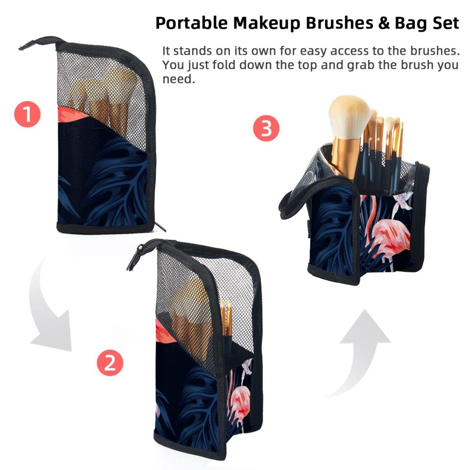 12-Piece Makeup Brush Organizer Bag with Floral Flamingo Tropical Leaf Design - Portable Travel Cosmetic Brush Holder Case for Makeup Artists & Beauty Enthusiasts - Perfect for Home Storage, Travel & Professional Use