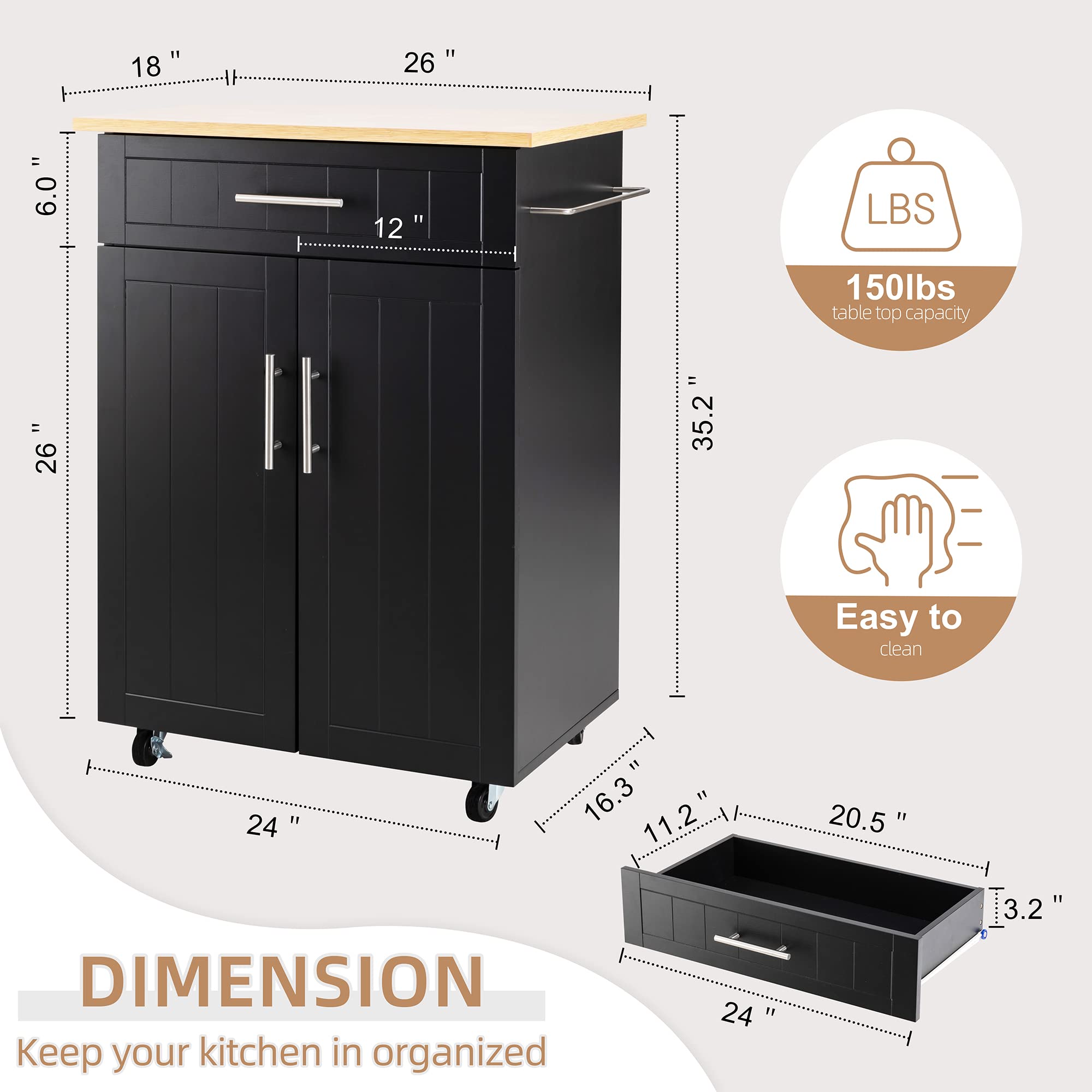 Shintenchi Black Kitchen Island Cart with Storage - Rolling Mobile Worktop with Single Door Cabinet & Drawer - Perfect for Small Kitchens, Dining Rooms & Apartment Cooking Spaces