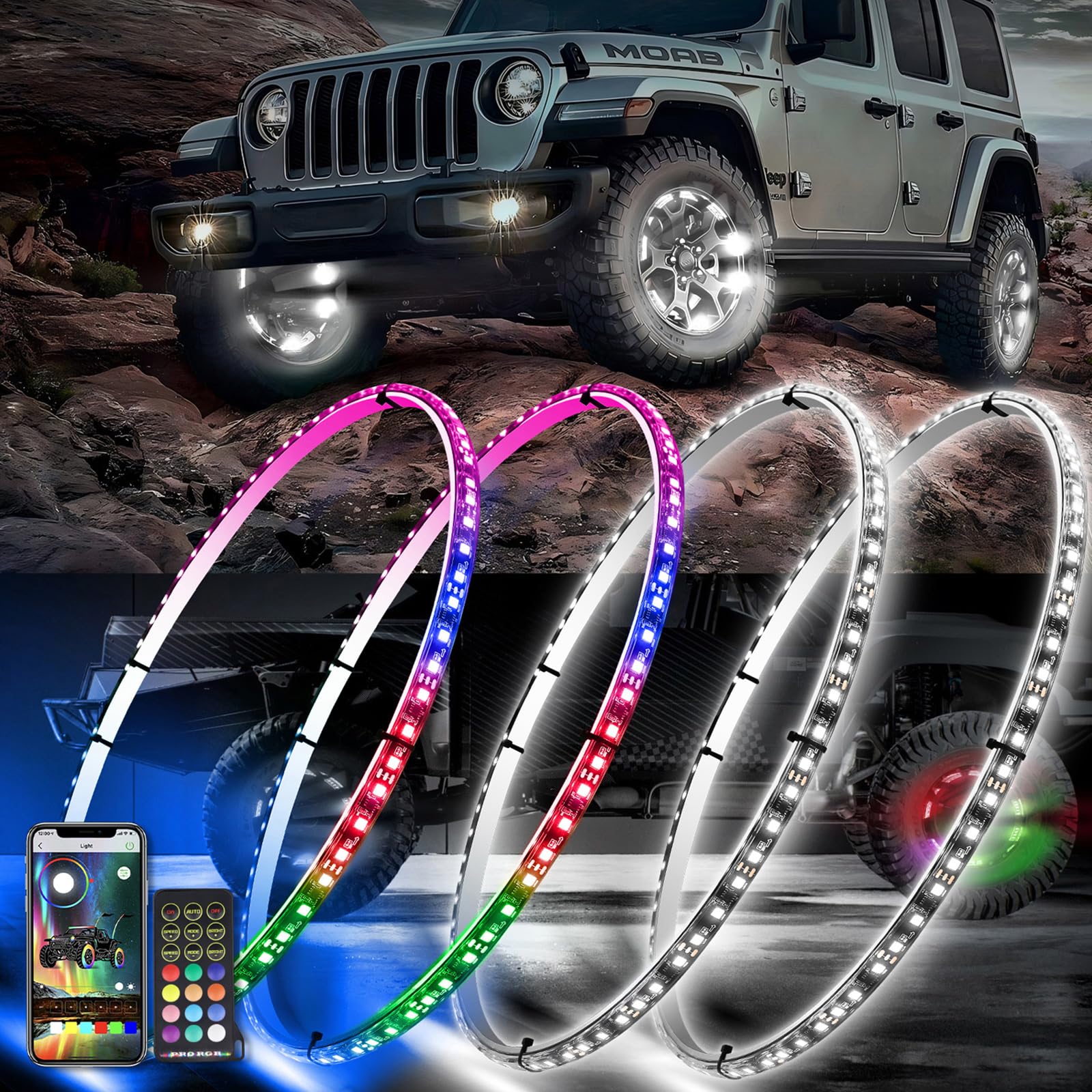 4PCS 15.5 Inch RGB+White LED Wheel Ring Lights with Turn Signal & Brake Function - Remote & APP Control - Single Row Rim Lights for Trucks, Cars, SUVs & Off-Road Vehicles - Perfect for Night Driving, Car Shows & Off-Road Adventures