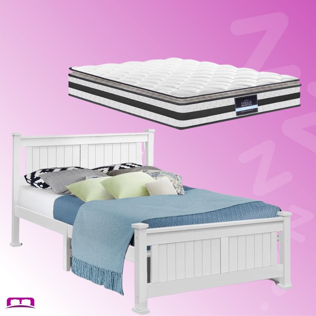 Double Package | Airlie Bed White & Normay Series Pillow Top Mattress - Medium Firm Queen Size for Back Pain Relief - Perfect for Guest Rooms & Master Bedrooms