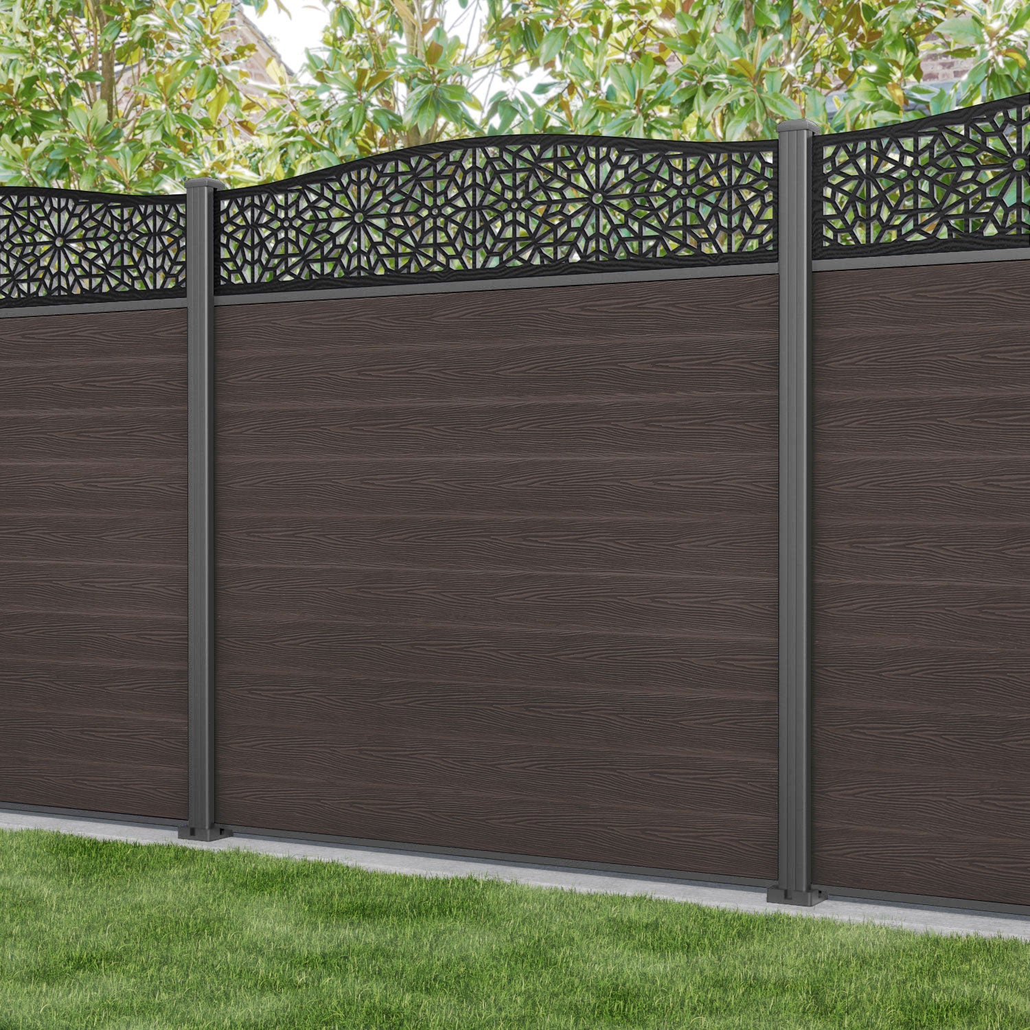 Classic Alnara Curved Top Fence Panel - Mid Brown - Durable Aluminum Posts - Perfect for Garden, Backyard, and Privacy Fencing