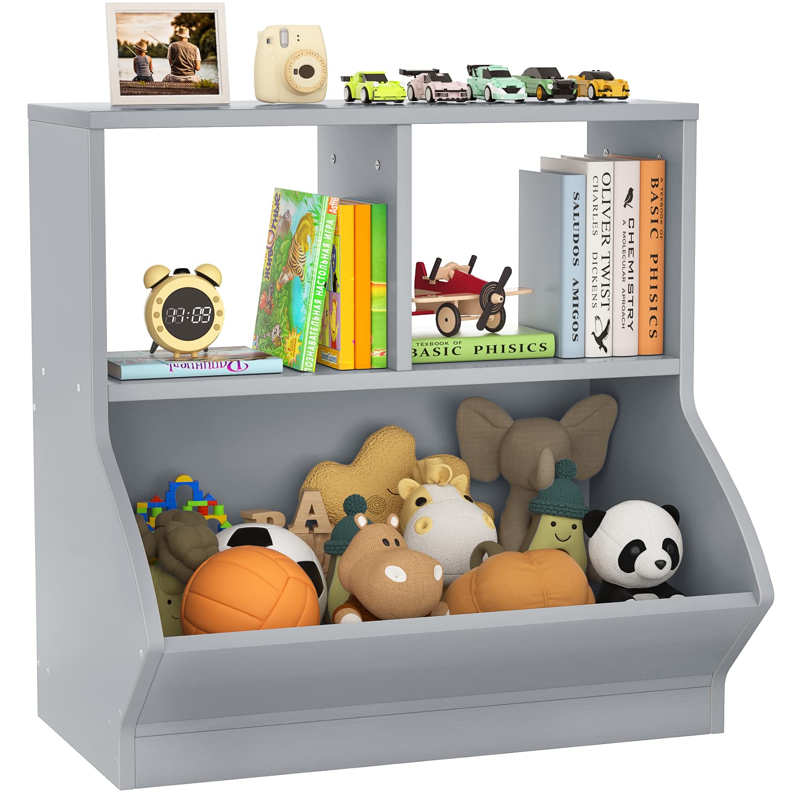 Aheaplus 3-Tier Kids Toy Storage Organizer with Bookcase - Open Multi-Bin Bookshelf Cabinet for Toys & Books - Playroom, Bedroom, Nursery & School Organization (Grey) | Perfect for Montessori Learning & Playroom Storage Solutions